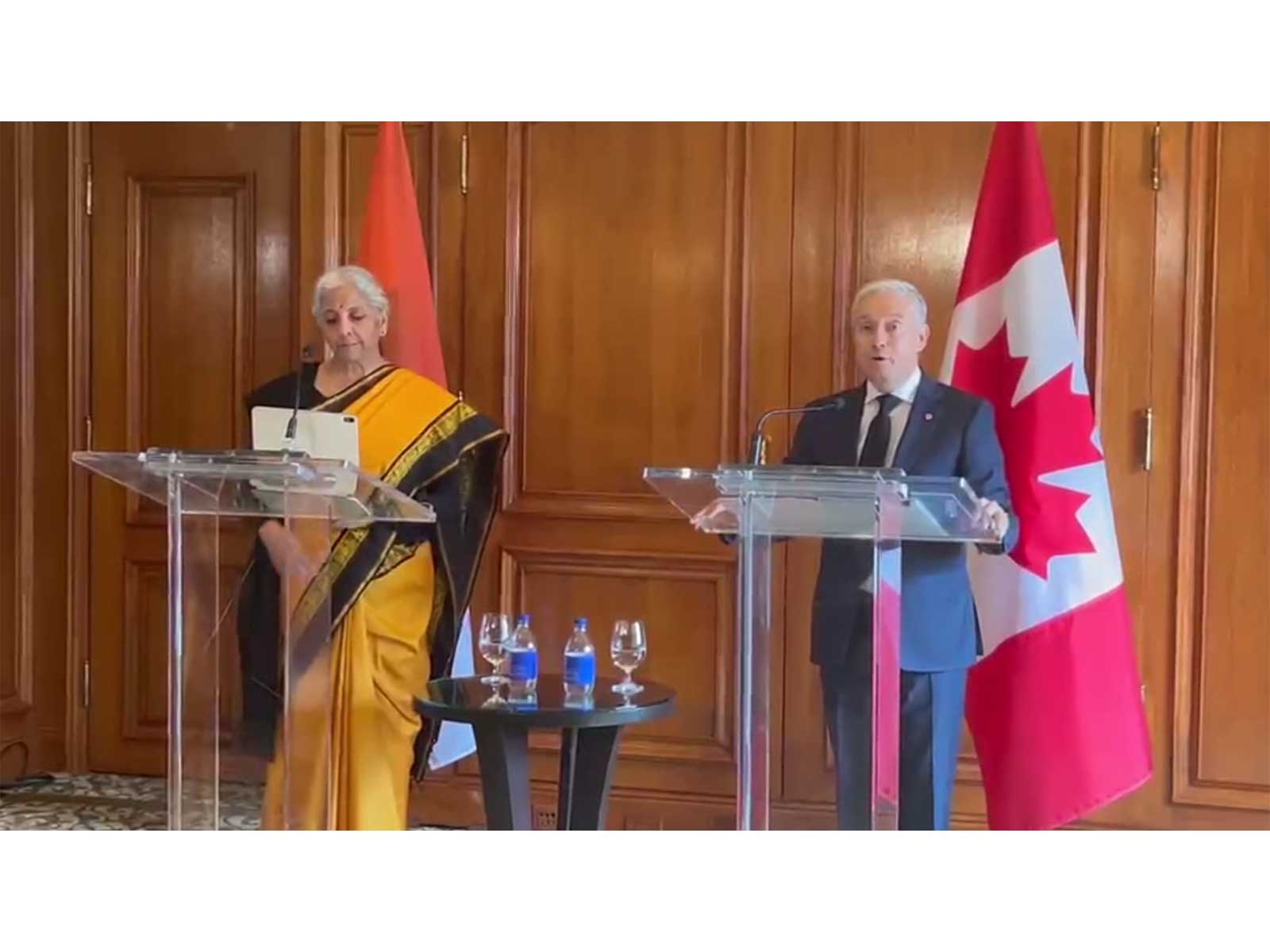 Union Finance Minister Nirmala Sitharaman and Canadian Finance Minister and Minister of National Revenue Franรงois-Philippe Champagne addressing a joint press conference in Toronto (Photo/ANI) Union Finance Minister Nirmala Sitharaman and Canadian Finance Minister and Minister of National Revenue Franรงois-Philippe Champagne addressing a joint press conference in Toronto (Photo/ANI)