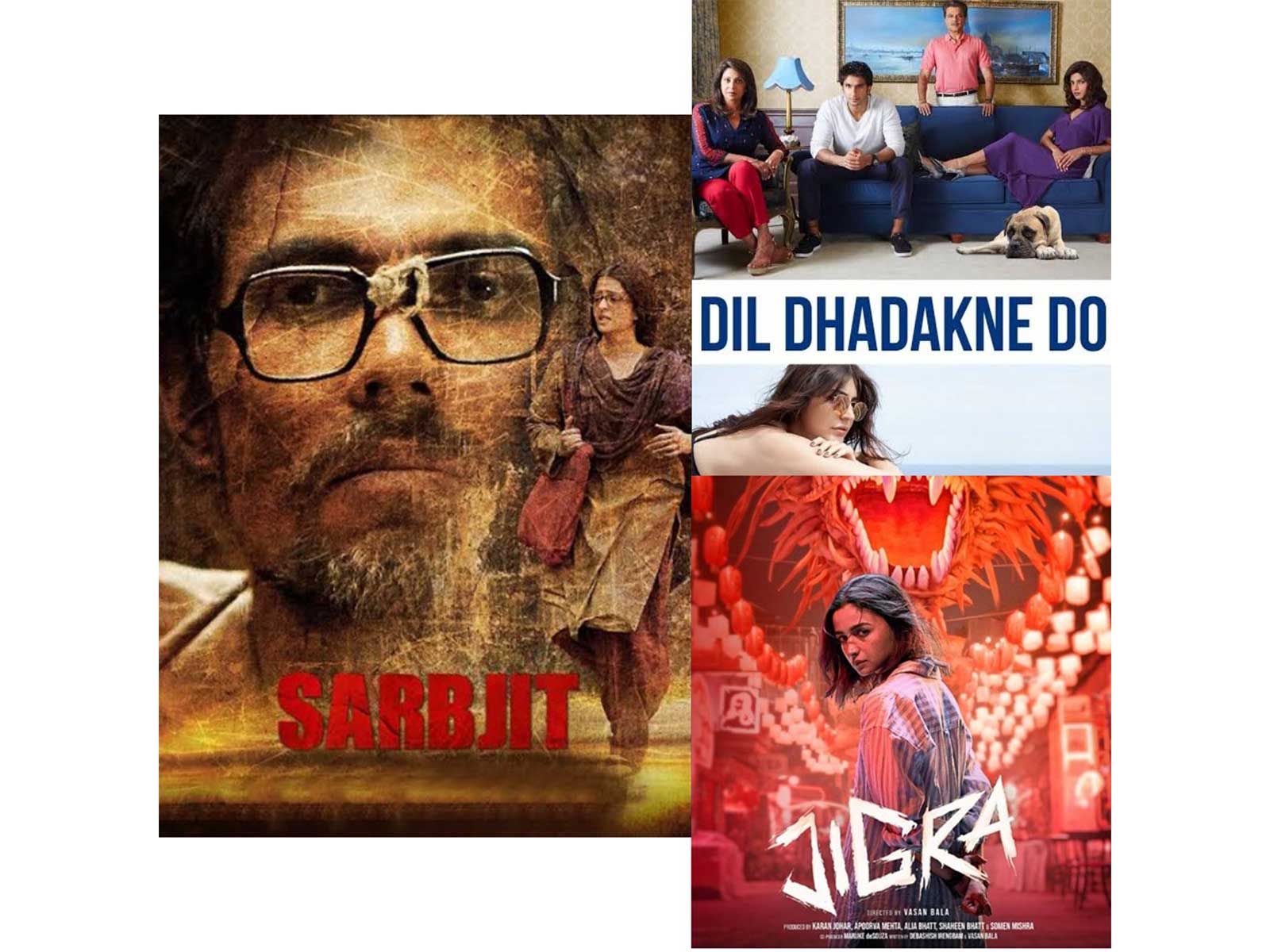 Sarbjit (Photo/Instagram@RandeepHooda), Dil Dhadakne Do (Photo/PrimeVideo), Jigra (Photo/DharmaProductions)