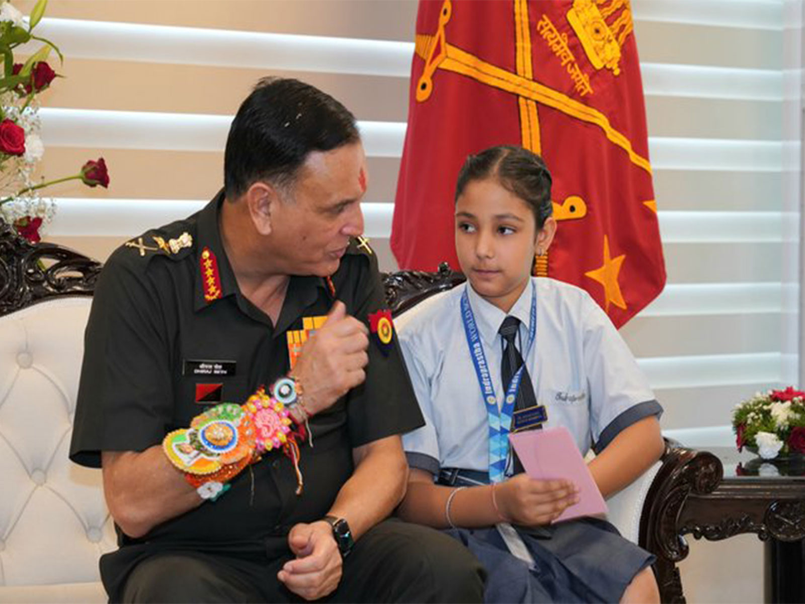 School children tied Rakhis to General Dhiraj Seth (Photo/@adgpi) School children tied Rakhis to General Dhiraj Seth (Photo/@adgpi)