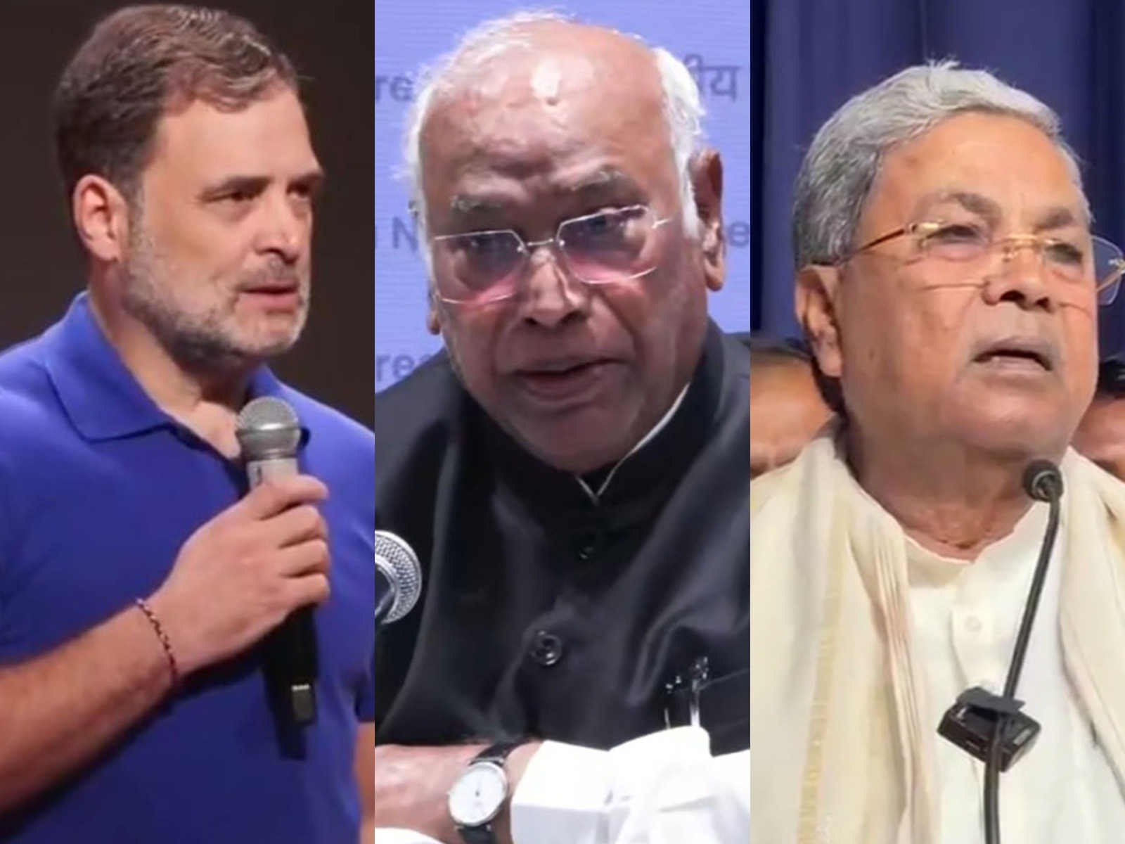 Lok Sabha LoP Rahul Gandhi, Congress Preisdent Mallikarjun Kharge, Former Karnataka Chief Minister Siddaramaiah (Photo/ANI)