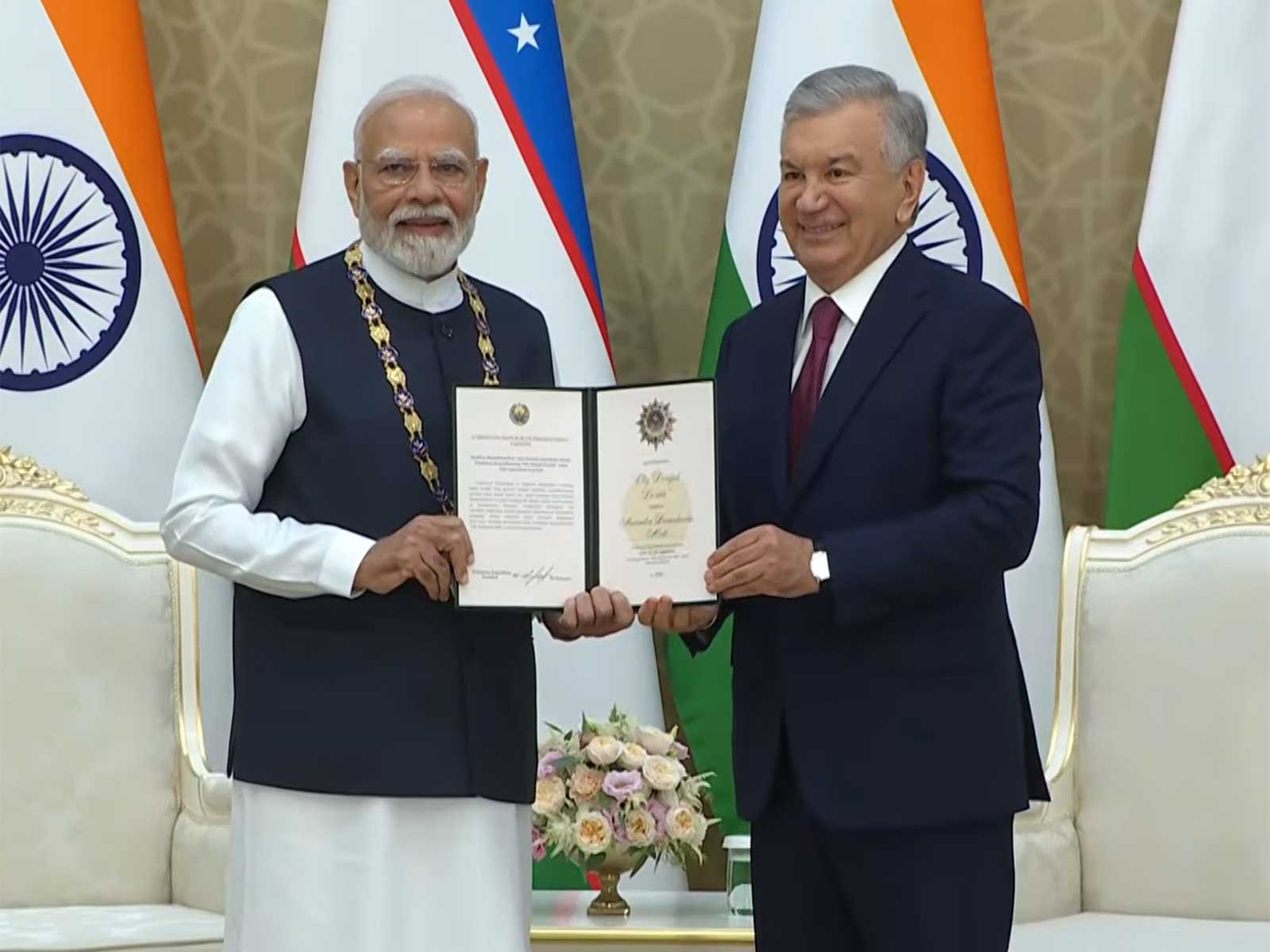 Prime Minister Narendra Modi received Uzbekistan’s highest State honour, Order of “Oliy Darajali Dustlik” (Photo/DD/ANI)