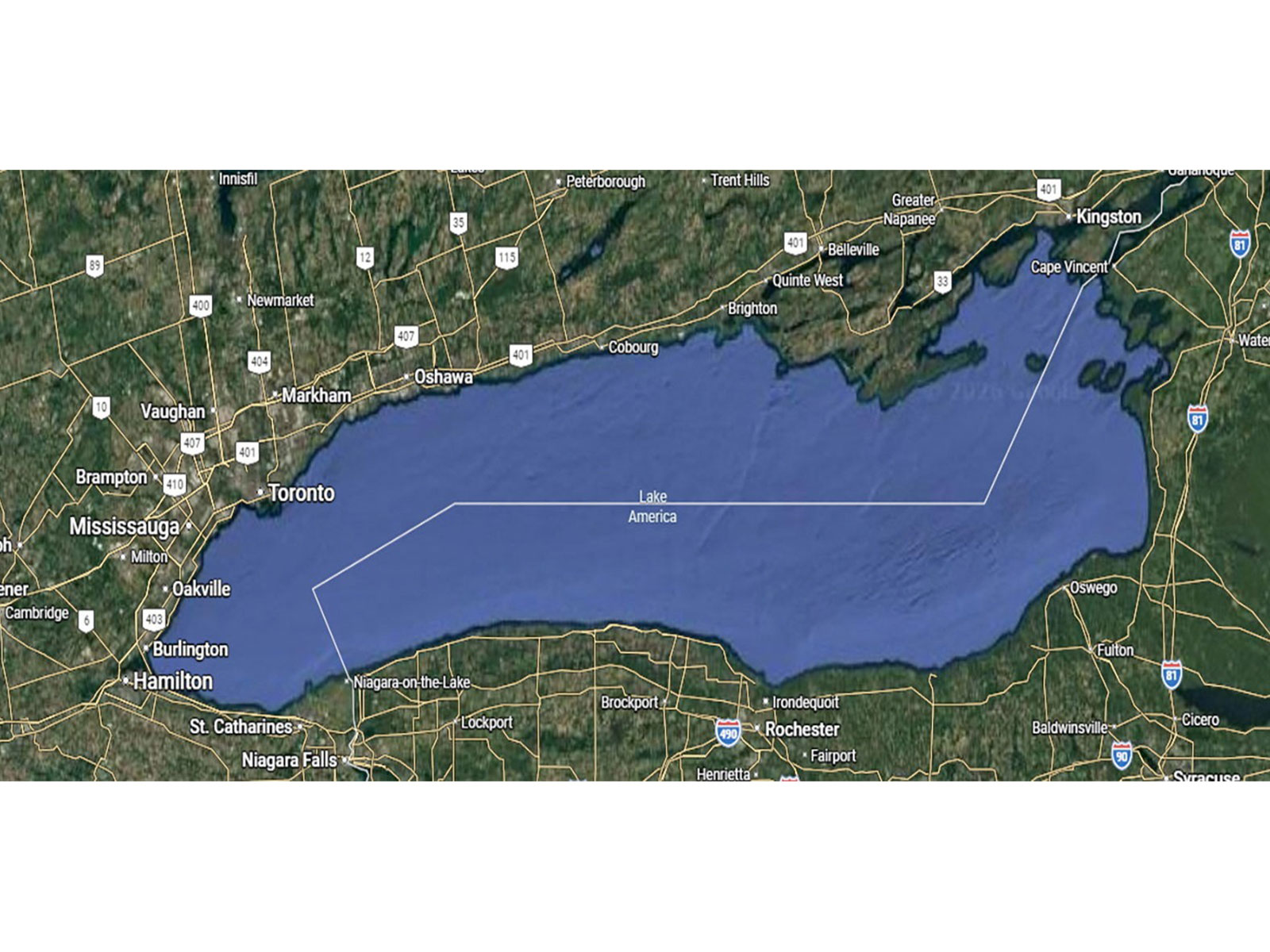 A map showing the name Lake America in place of Lake Ontario, after U.S. President Donald Trump announced that he was changing the name of the smallest of the five Great Lakes, appears on a Google Maps page viewable only to U.S.-based users (Photo/Reuters)