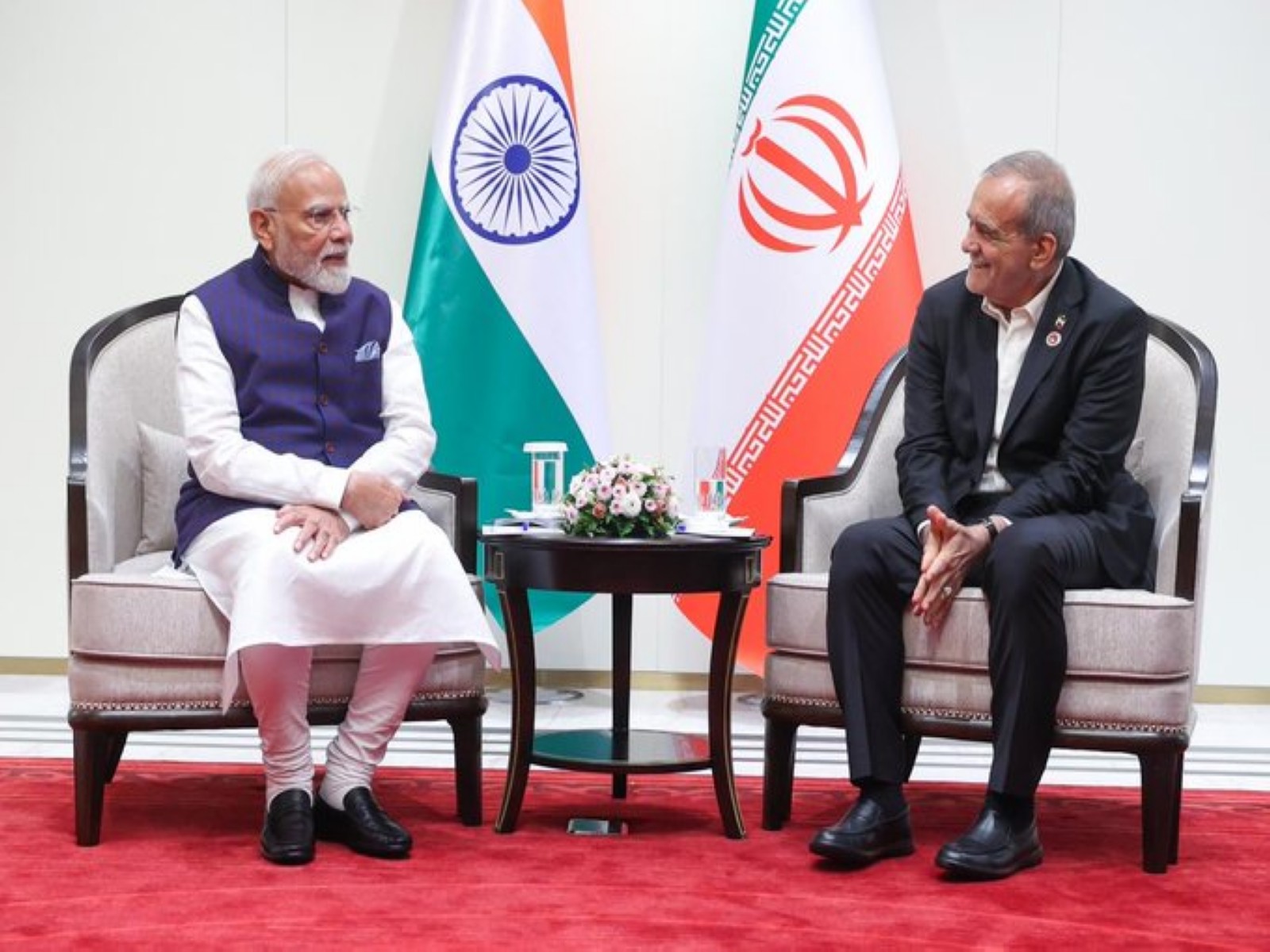 Prime Minister Narendra Modi during his meeting with Iranian President Masoud Pezeshkian on the sidelines of the Shanghai Cooperation Organisation Summit in Bishkek. (Photo: X/@MEAIndia) Prime Minister Narendra Modi during his meeting with Iranian President Masoud Pezeshkian on the sidelines of the Shanghai Cooperation Organisation Summit in Bishkek. (Photo: X/@MEAIndia)