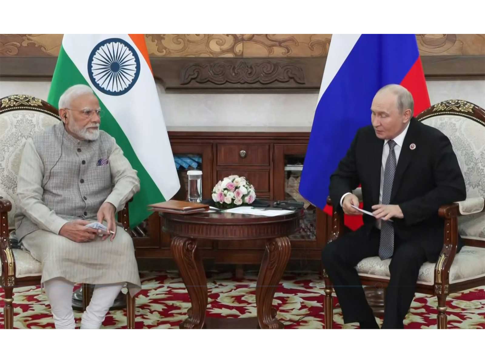 Prime Minister Narendra Modi meets Russian President Vladimir Putin on the sidelines of the Shanghai Cooperation Organisation (SCO) summit in Kyrgyzstan. (Photo/ANI)