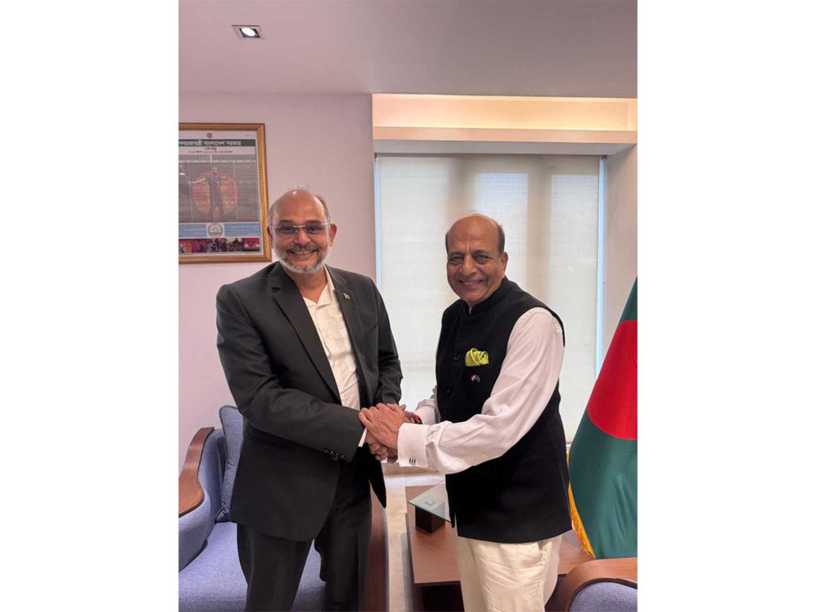 India’s High Commissioner to Bangladesh Dinesh Trivedi with Adviser to Bangladesh’s Prime Minister for the Ministry of Finance and Planning Rashed Al Mahmud Titumir in Dhaka. (Photo: X/@ihcdhaka)