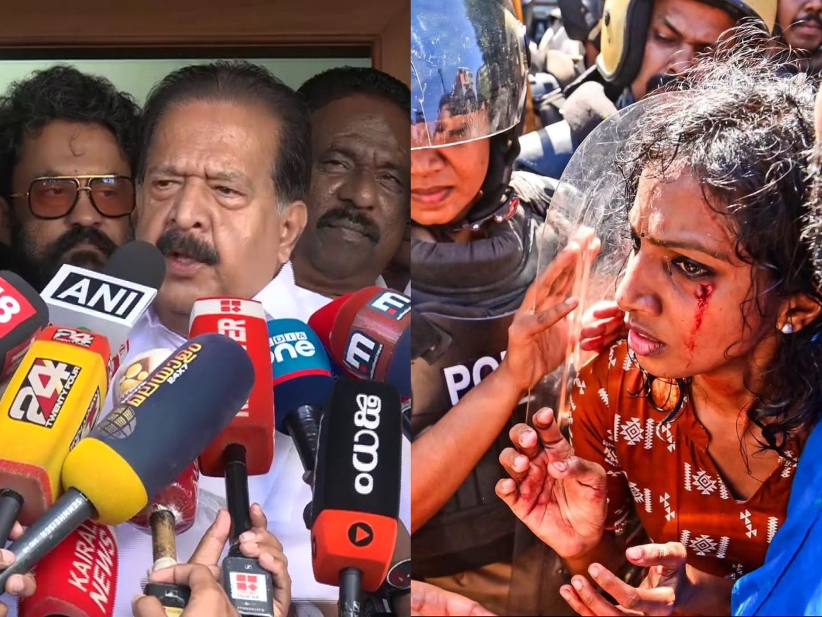 Keralam Home Minister Ramesh Chennithala and SFI Protester (Photo/ANI, Instagram/@sficec) Keralam Home Minister Ramesh Chennithala and SFI Protester (Photo/ANI, Instagram/@sficec)