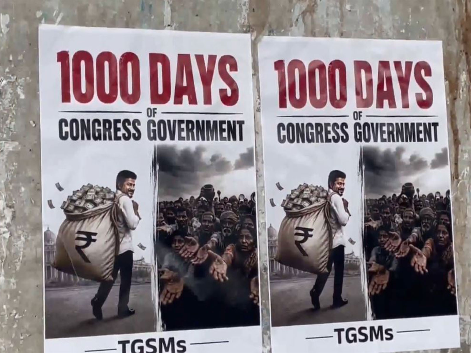 Telangana BJP puts up posters as Congress govt completes 1000 days in office (Photo/ANI) Telangana BJP puts up posters as Congress govt completes 1000 days in office (Photo/ANI)