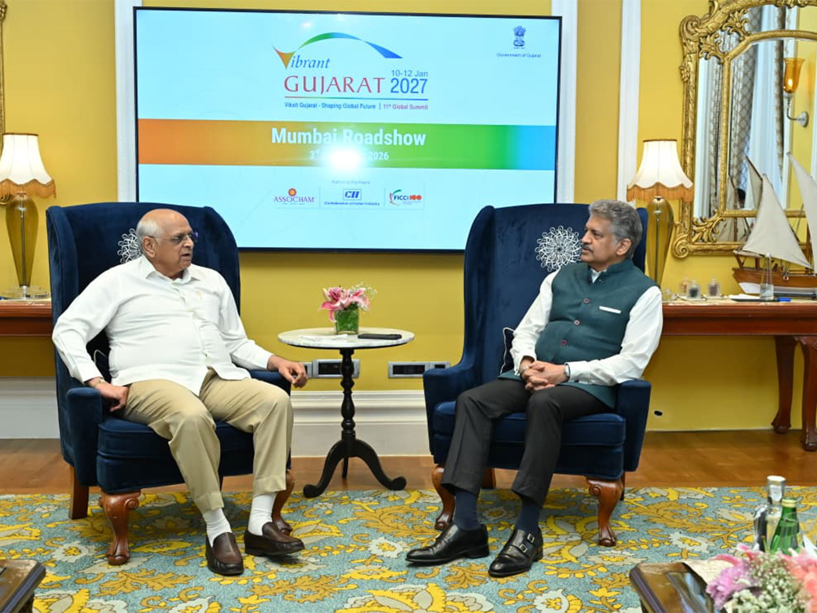 Gujarat CM Patel meets Mahindra Group Chairman Anand Mahindra in Mumbai during the roadshow (Photo/@CMOGuj)