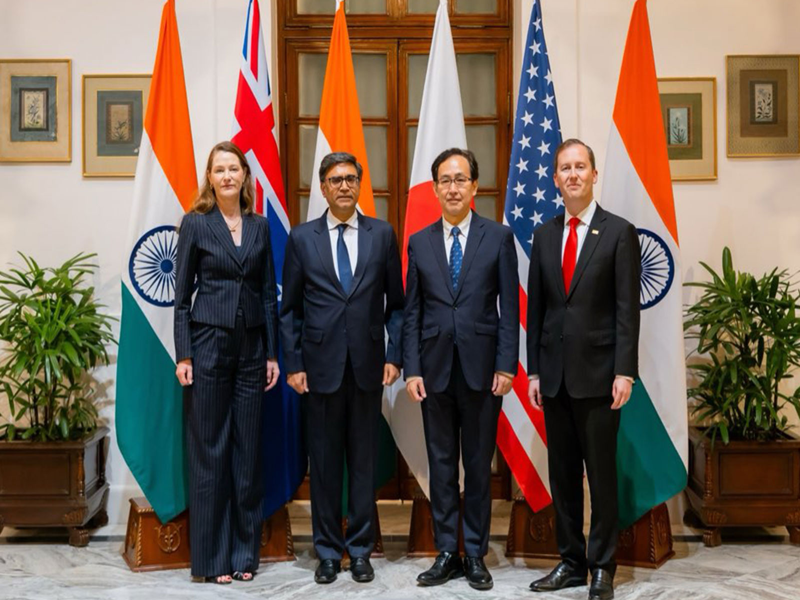  US Ambassador to India Sergio Gor, Australian Deputy Secretary Elly Lawson, Senior Deputy Minister Hiroyuki Namazu, and Foreign Secretary Vikram Misri at Sherpa meeting (Photo/X/@USAmbIndia)