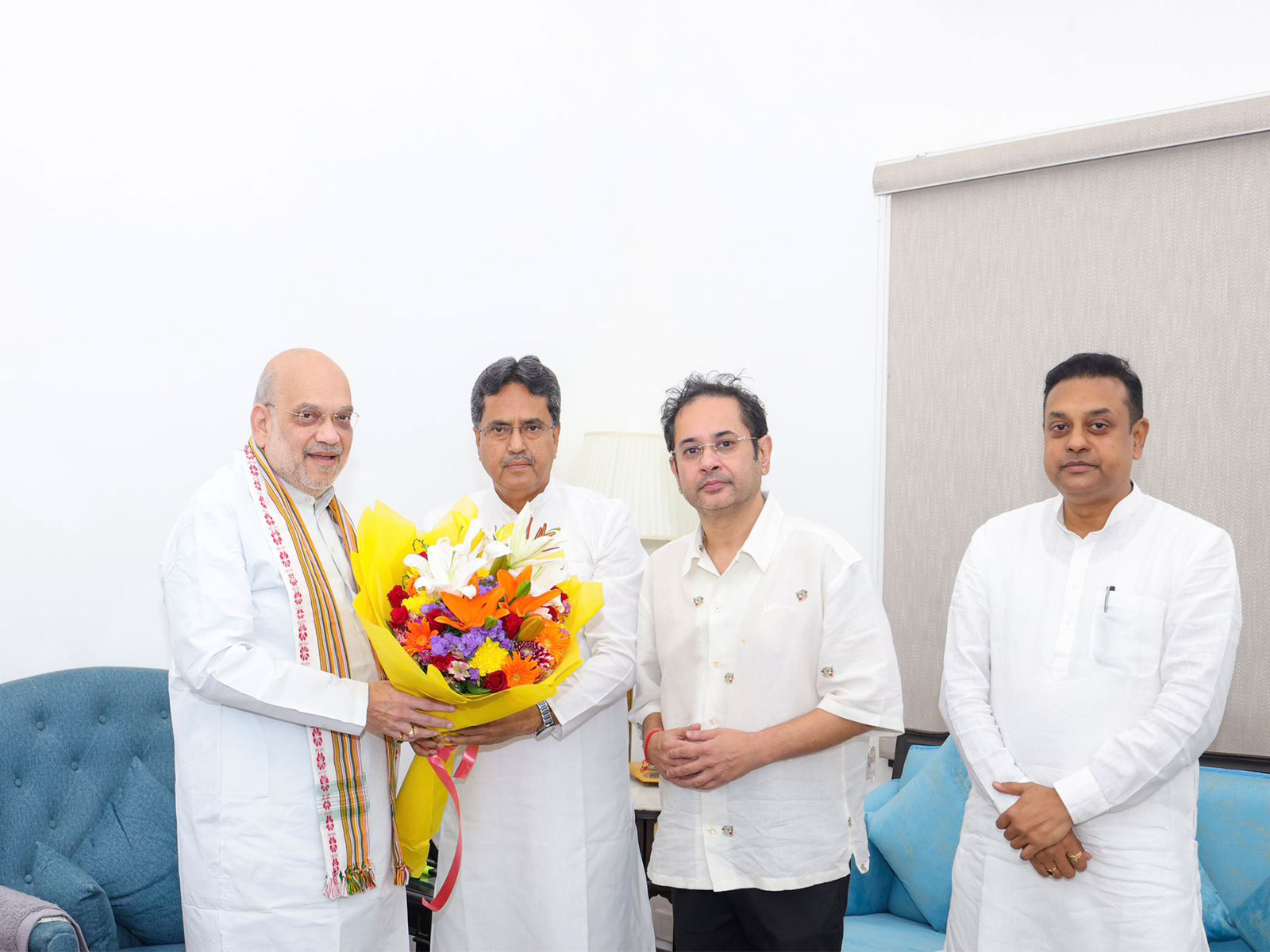 Union Home Minister Amit Shah in New Delhi with TIPRA Motha founder Pradyot Kishore Manikya Debbarma and BJP’s North East Coordinator Sambit Patra (Photo/X/@DrManikSaha2)