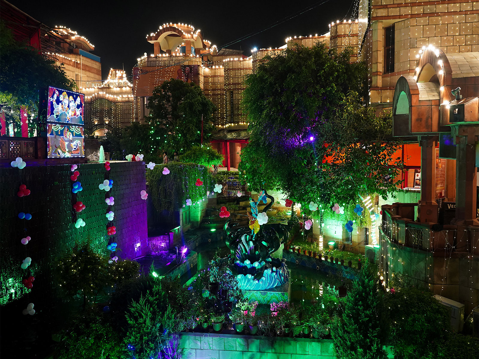 An illuminated view of the ISKCON Temple, East of Kailash, on the occasion of the Janmashtami Festival, in New Delhi on Friday (Photo/ANI)