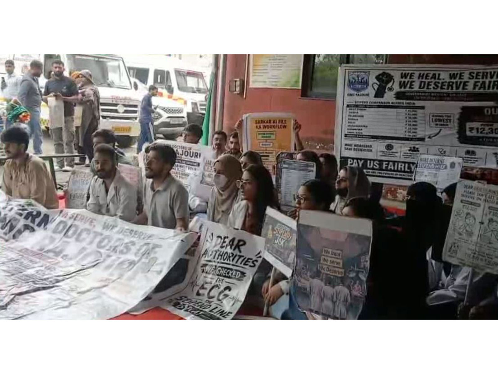 Doctors staging a protest demanding hike in their stipend in Jammu and Kashmir.(Photo/ANI)