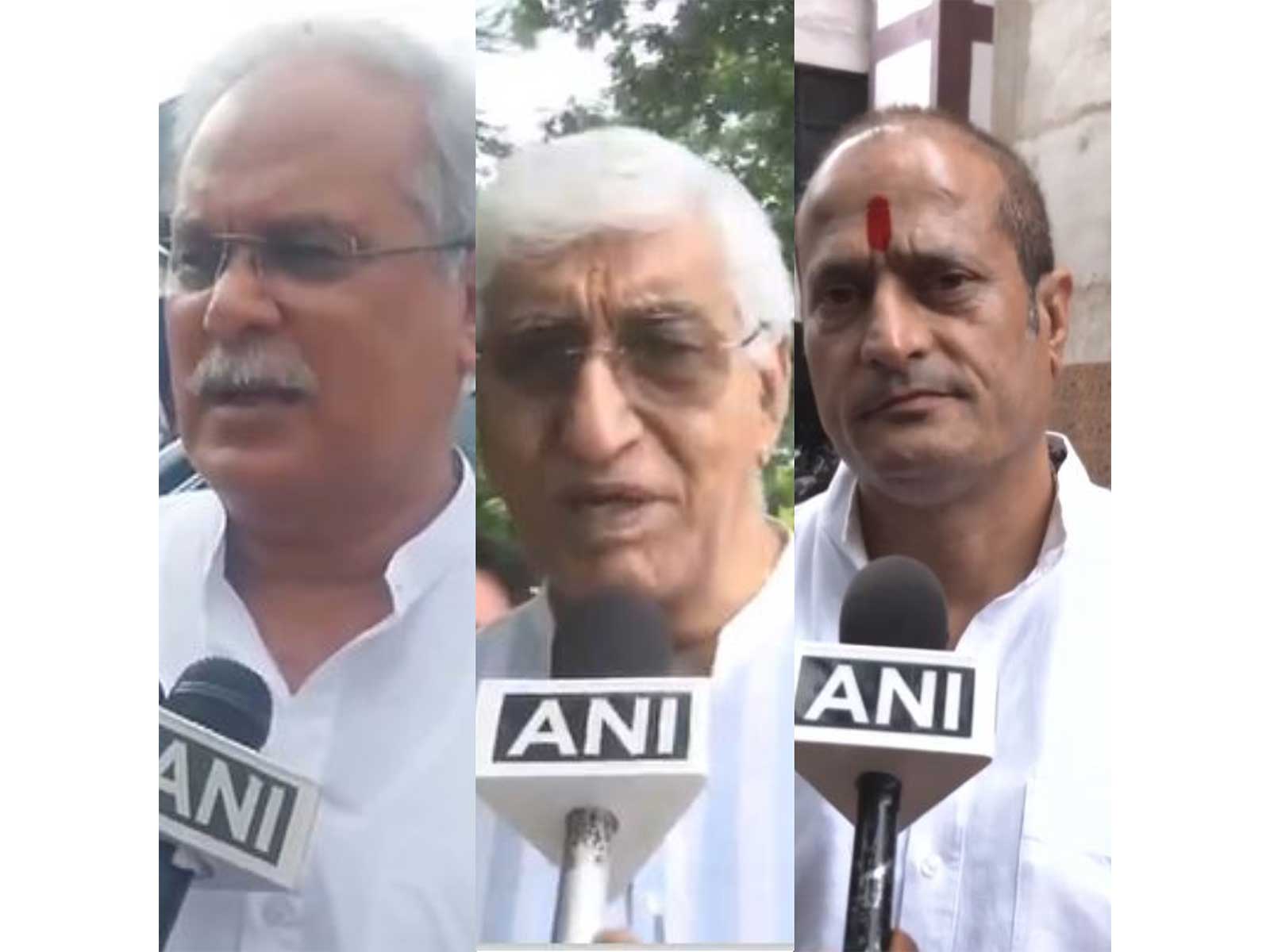 Congress leaders Bhupesh Baghel (Left), TS Singh Deo and Vikas Upadhyay (Photo/ANI)