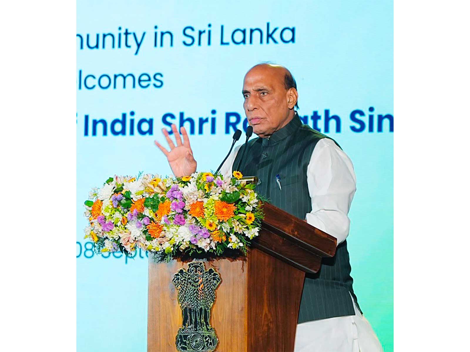 Defence Minister Rajnath Singh speaks during an Indian community event in Colombo, Sri Lanka (Photo/ANI) Defence Minister Rajnath Singh speaks during an Indian community event in Colombo, Sri Lanka (Photo/ANI)
