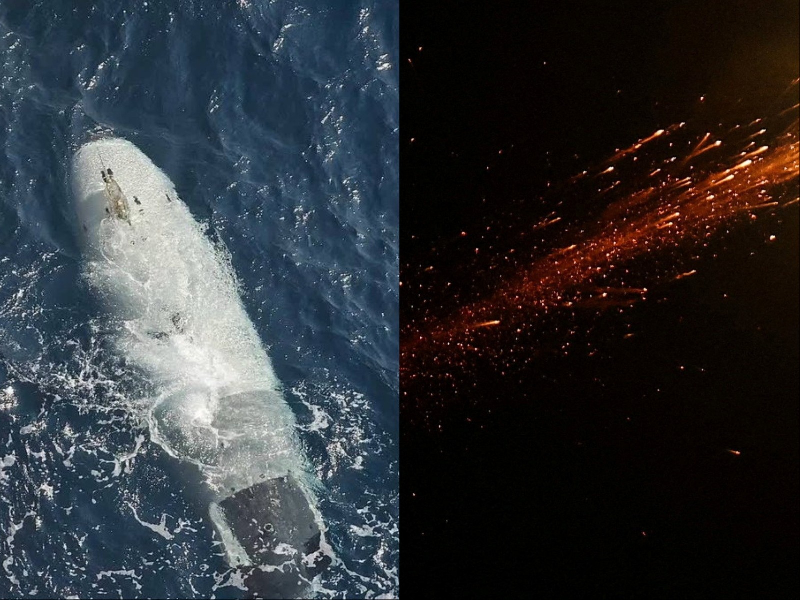 A combination image shows an uncrewed American submarine (left) and aerial defense interceptions during the missile exchange (right). (Photo: X/@IRANinMumbai/Reuters) A combination image shows an uncrewed American submarine (left) and aerial defense interceptions during the missile exchange (right). (Photo: X/@IRANinMumbai/Reuters)