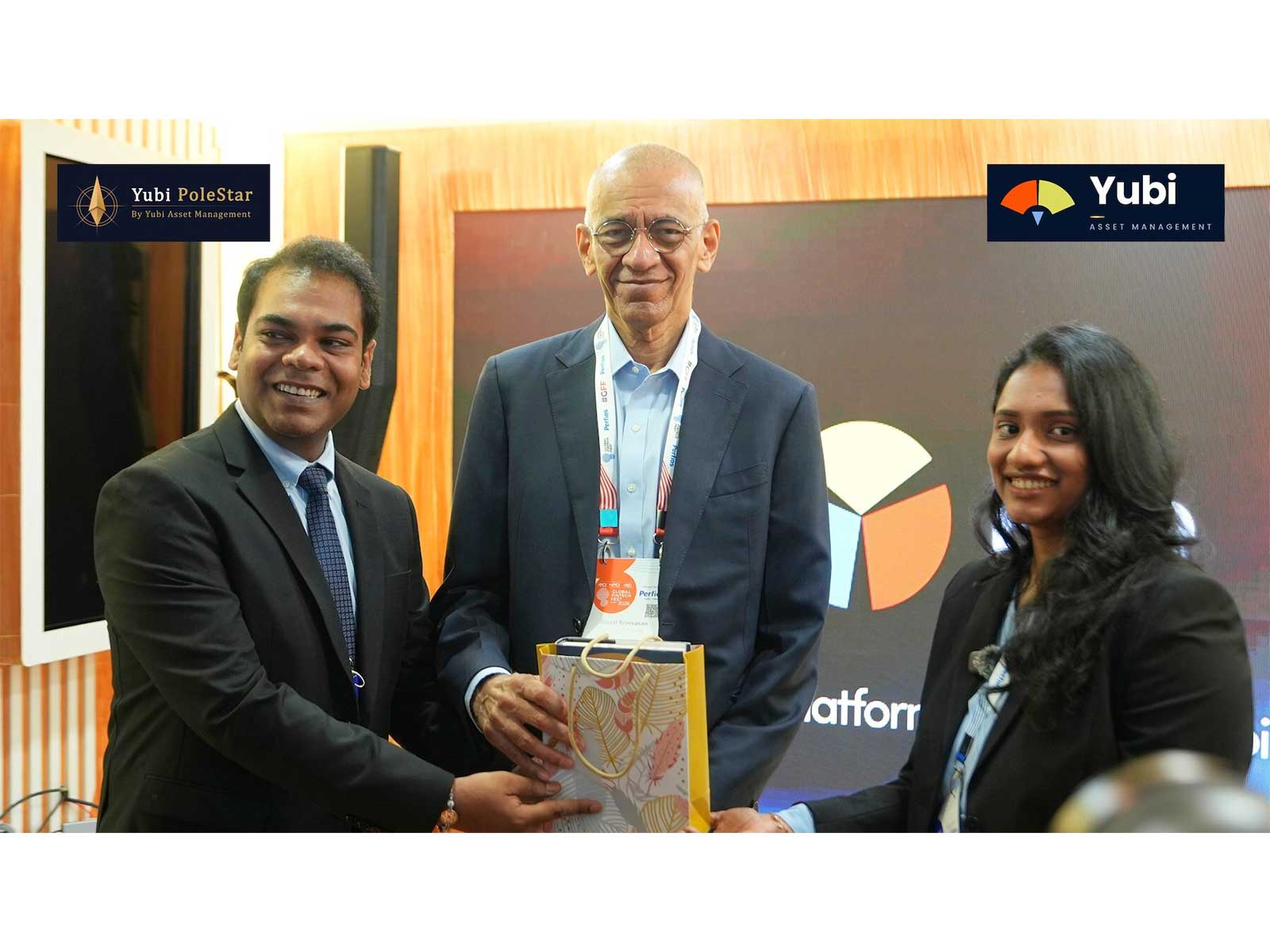 Anshul Baranwal, CIO, Yubi AMC, and Nishita A, VP - Fund Manager, Yubi AMC launch Yubi Asset Management and Yubi PoleStar with Chief Guest Gopal Srinivasan, Chairman & MD, TVS Capital Funds