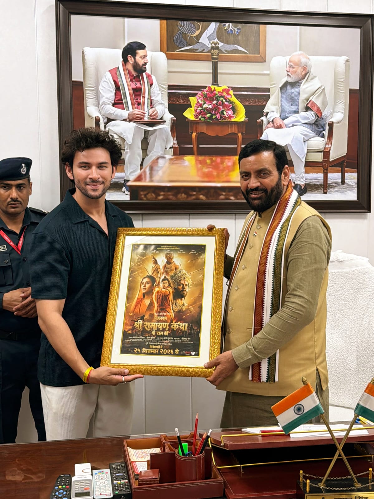 Haryana CM unveils ‘Mahakavya Shri Ramayan Katha’ poster with Anjali Arora, Dev Sharma, producer Prakash Mahobiya