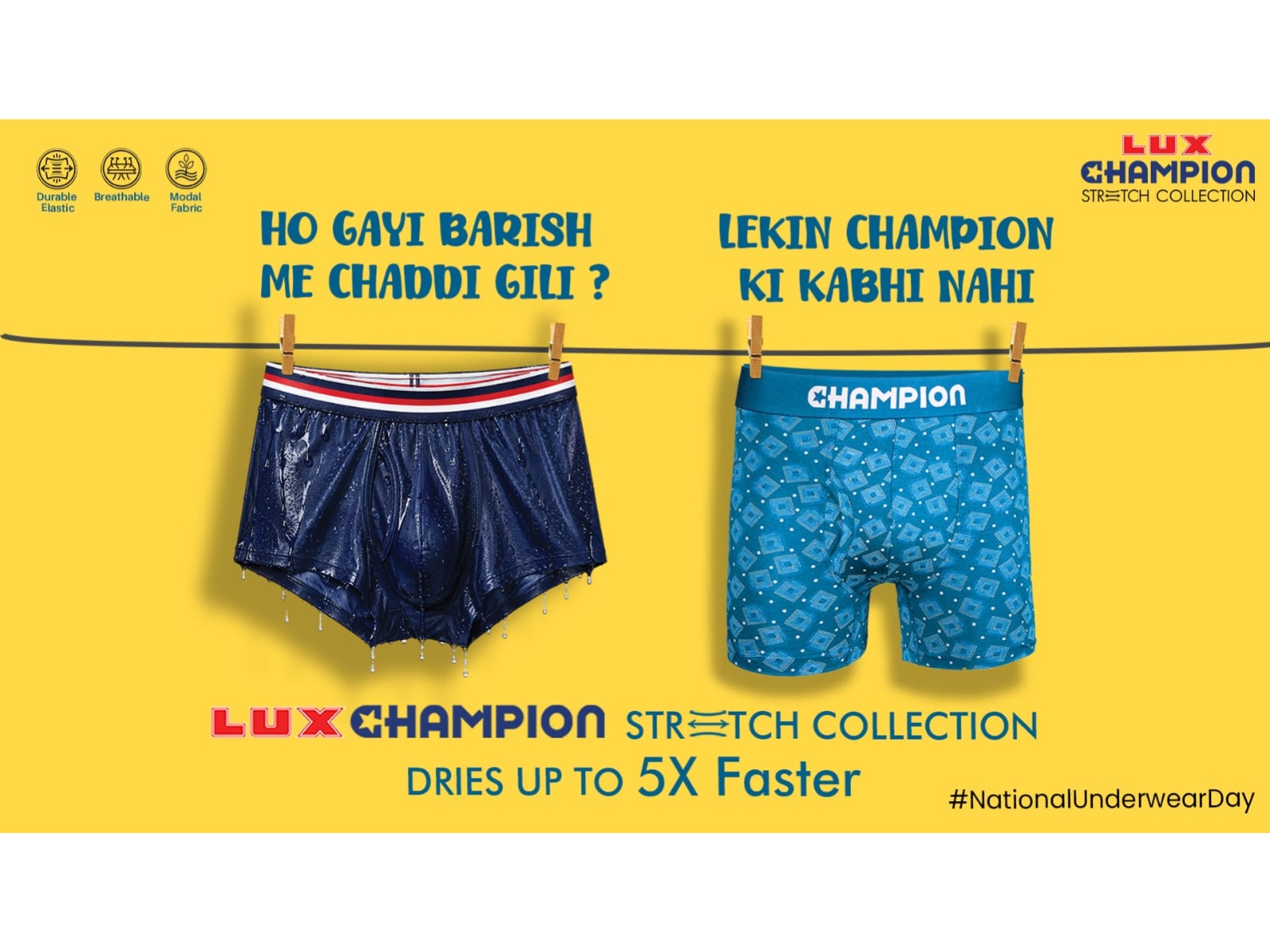 The #SayNoToGiliChaddi campaign humorously tackles damp monsoon underwear, highlighting the LUX Champion Stretch Collectionโs up to 5X faster drying. The #SayNoToGiliChaddi campaign humorously tackles damp monsoon underwear, highlighting the LUX Champion Stretch Collectionโs up to 5X faster drying.