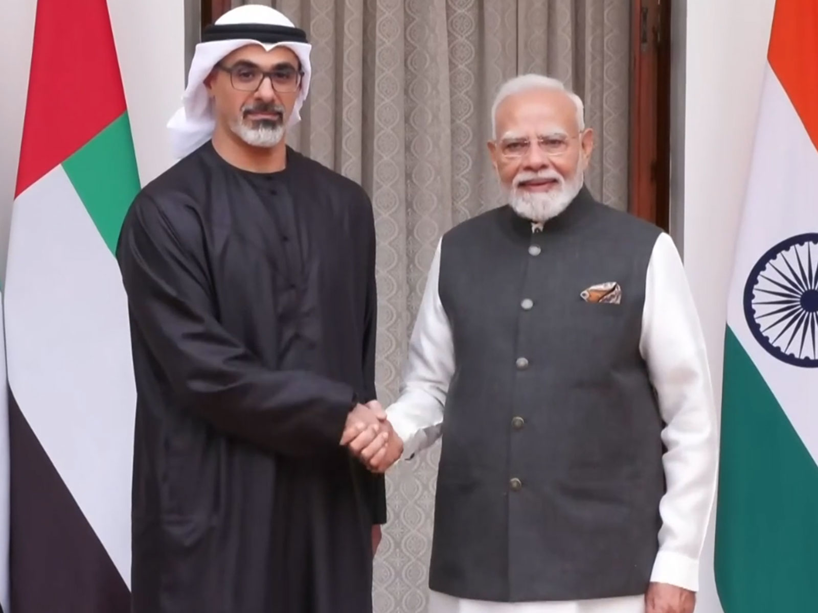 Prime Minister Narendra Modi holds bilateral meeting with Abu Dhabi Crown Prince Khaled bin Mohamed bin Zayed Al Nahyan at Hyderabad House (Photo/ANI/DD) Prime Minister Narendra Modi holds bilateral meeting with Abu Dhabi Crown Prince Khaled bin Mohamed bin Zayed Al Nahyan at Hyderabad House (Photo/ANI/DD)