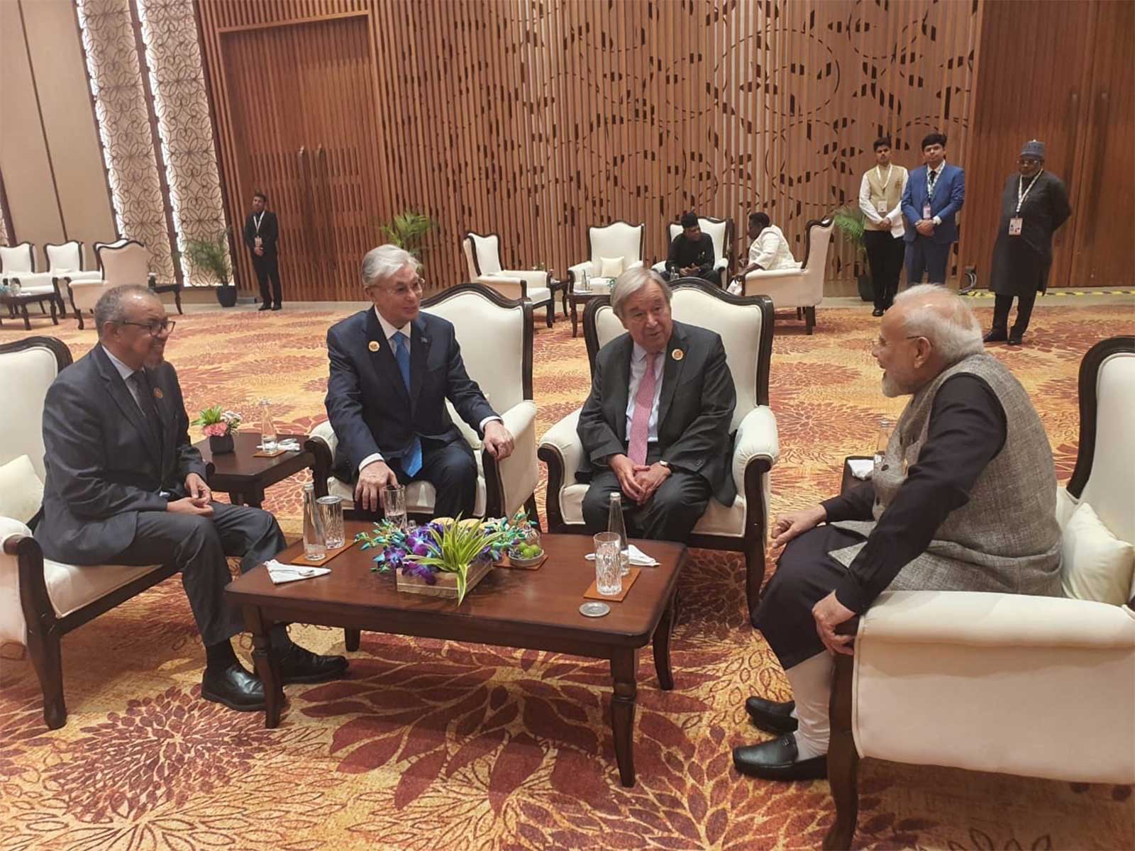Prime Minister Narendra Modi with WHO Director-General Tedros Adhanom Ghebreyesus and UN General Secretary Antonio Guterres (Photo/@DrTedros)