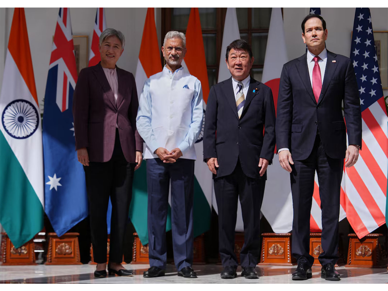 From left, Australian Foreign Minister Penny Wong, External Affairs Minister S Jaishankar, Japanese Foreign Minister Toshimitsu Motegi and US Secretary of State Marco Rubio pose following a Quad ministerial meeting at Hyderabad House in New Delhi. (Photo/Reuters)