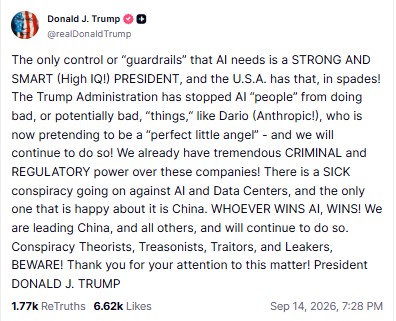 “WHOEVER WINS AI, WINS!”: Trump says “sick conspiracy’ against data centres benefits&hellip;