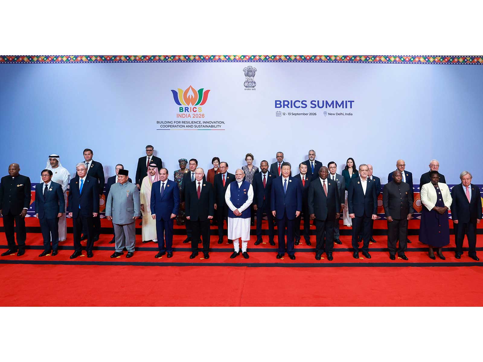 Family photo on day 2 of the BRICS Summit 2026 at Bharat Mandapam, New Delhi (Photo/ANI)