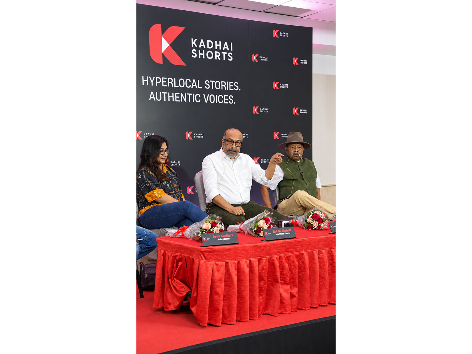 L-R Actor-Director Rohini, Screenwriting mentor John Edathattil, Cinematographer Alphonse Roy At KadhaiShorts Creator Event “Microdrama - Camera va thirupina pothuma?” At Savera