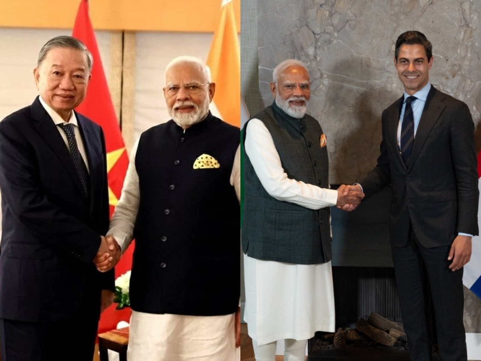 Prime Minister Narendra Modi standing with Vietnam President To Lam [On Left] and Netherlands Prime Minister Rob Jetten (Photo/X/@VNinINDIA/@NLinIndia)