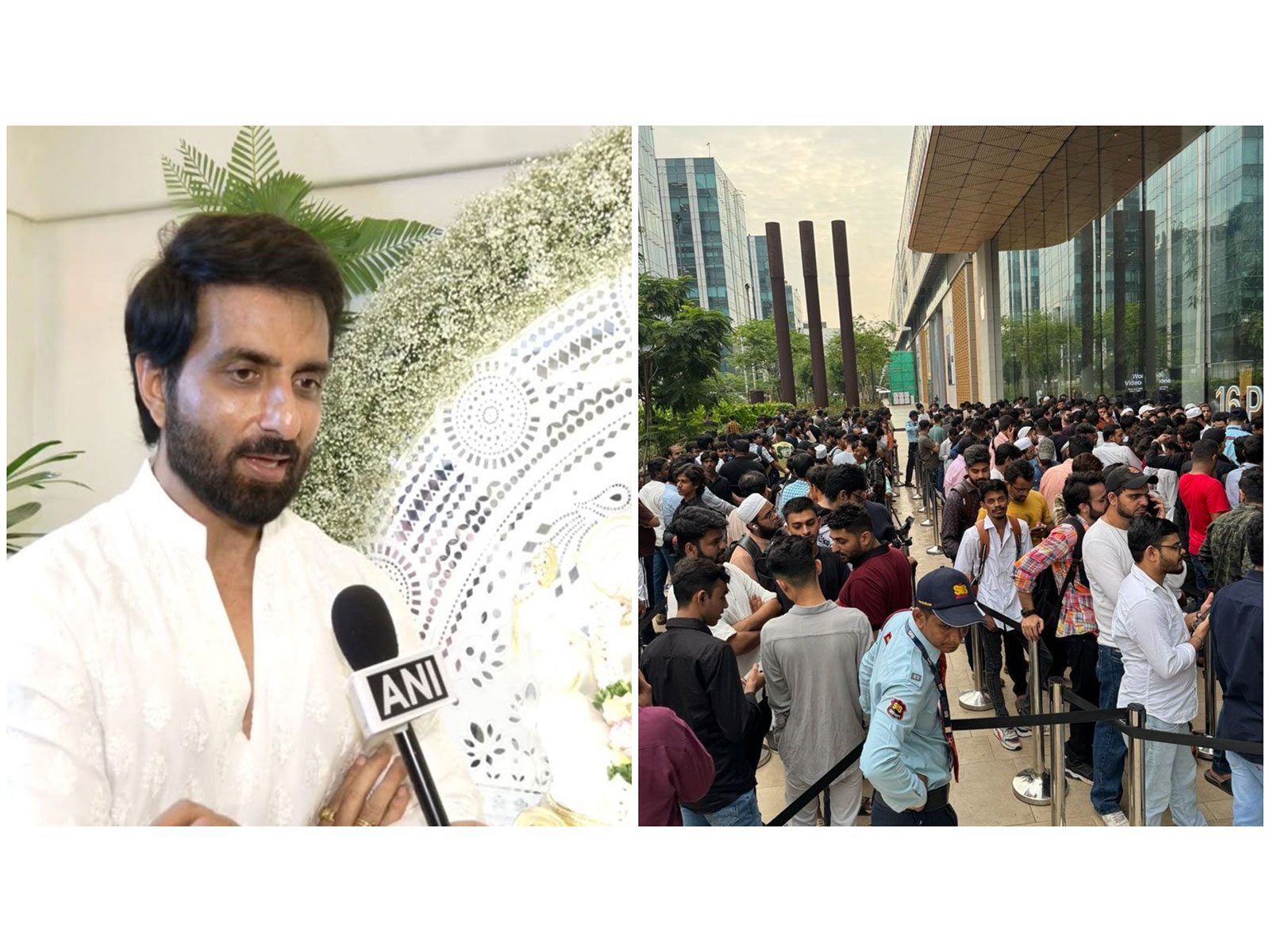 Actor Sonu Sood (L) People standing outside store (R) (Photos/ANI/X/@SonuSood) Actor Sonu Sood (L) People standing outside store (R) (Photos/ANI/X/@SonuSood)