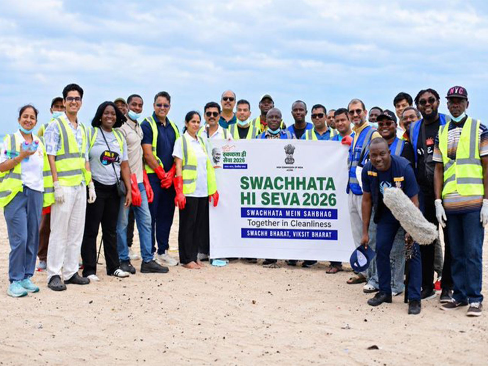 Volunteers and participants pose with a banner during the 'Swachhata Hi Seva 2026' clean-up drive organised by the High Commission of India at Ananse Beach in Nungua, Ghana. (Photo: X/@HCI_Accra) 
