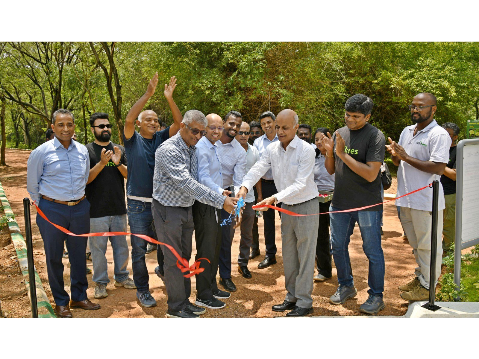 Qualcomm delegates Ravi Rao and Srinivasa Kumar joined SayTrees CEO Deokant Payasi, Shashank Sharma and CSR team member Aby Babu at the Tree Park inauguration. Qualcomm delegates Ravi Rao and Srinivasa Kumar joined SayTrees CEO Deokant Payasi, Shashank Sharma and CSR team member Aby Babu at the Tree Park inauguration.