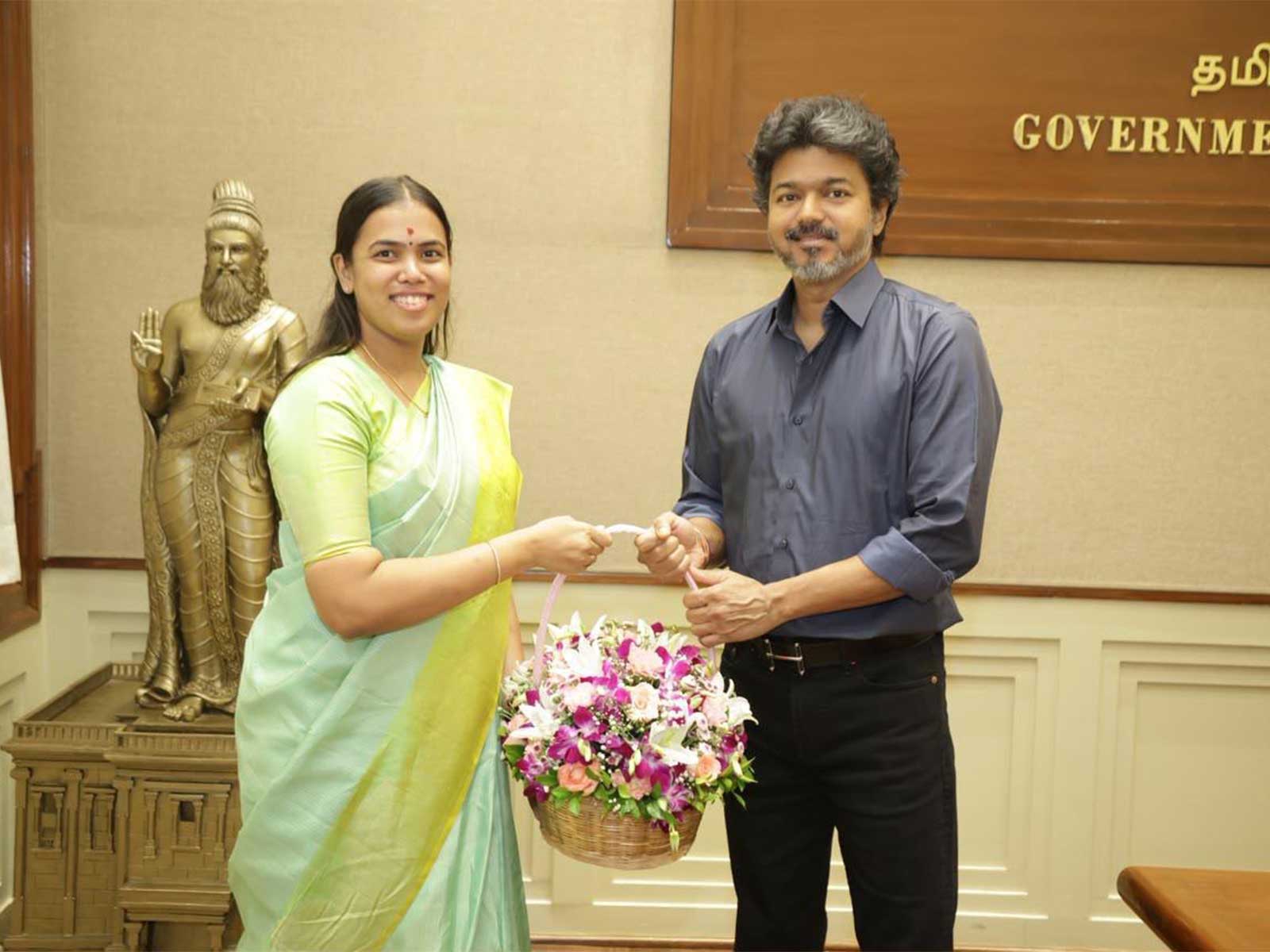 Tamil Nadu CM C joseph Vijay and Industries Minister Keerthana (Photo/ANI)
