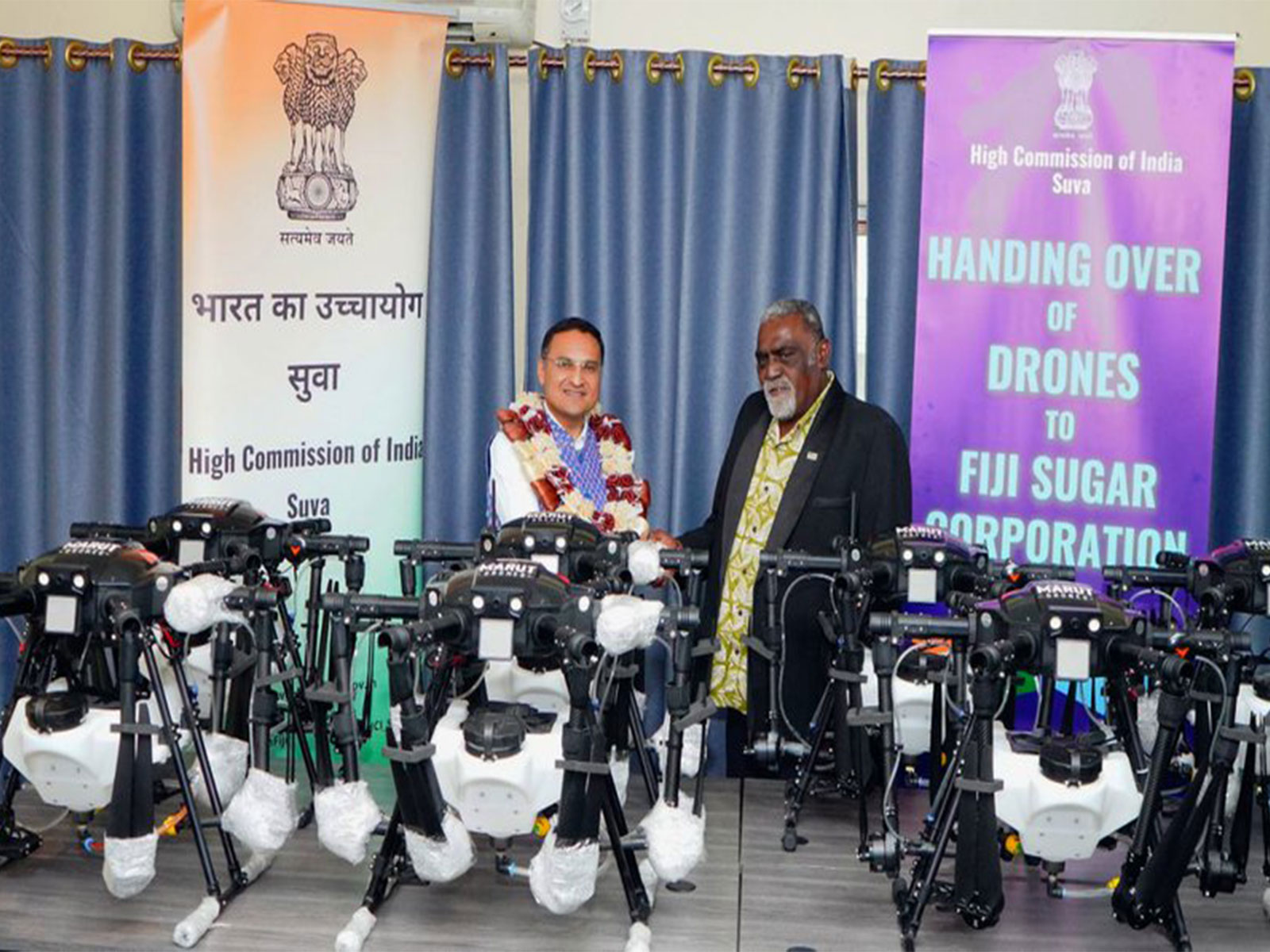 India's High Commissioner to Fiji, Suneet Mehta, and Fiji's Minister for Agriculture, Waterways and Sugar Industry, Tomasi Tunabuna, during the handover of 12 agricultural drones to the Fiji Sugar Corporation in Lautoka. (Photo: X/@HCI_Suva) India's High Commissioner to Fiji, Suneet Mehta, and Fiji's Minister for Agriculture, Waterways and Sugar Industry, Tomasi Tunabuna, during the handover of 12 agricultural drones to the Fiji Sugar Corporation in Lautoka. (Photo: X/@HCI_Suva)