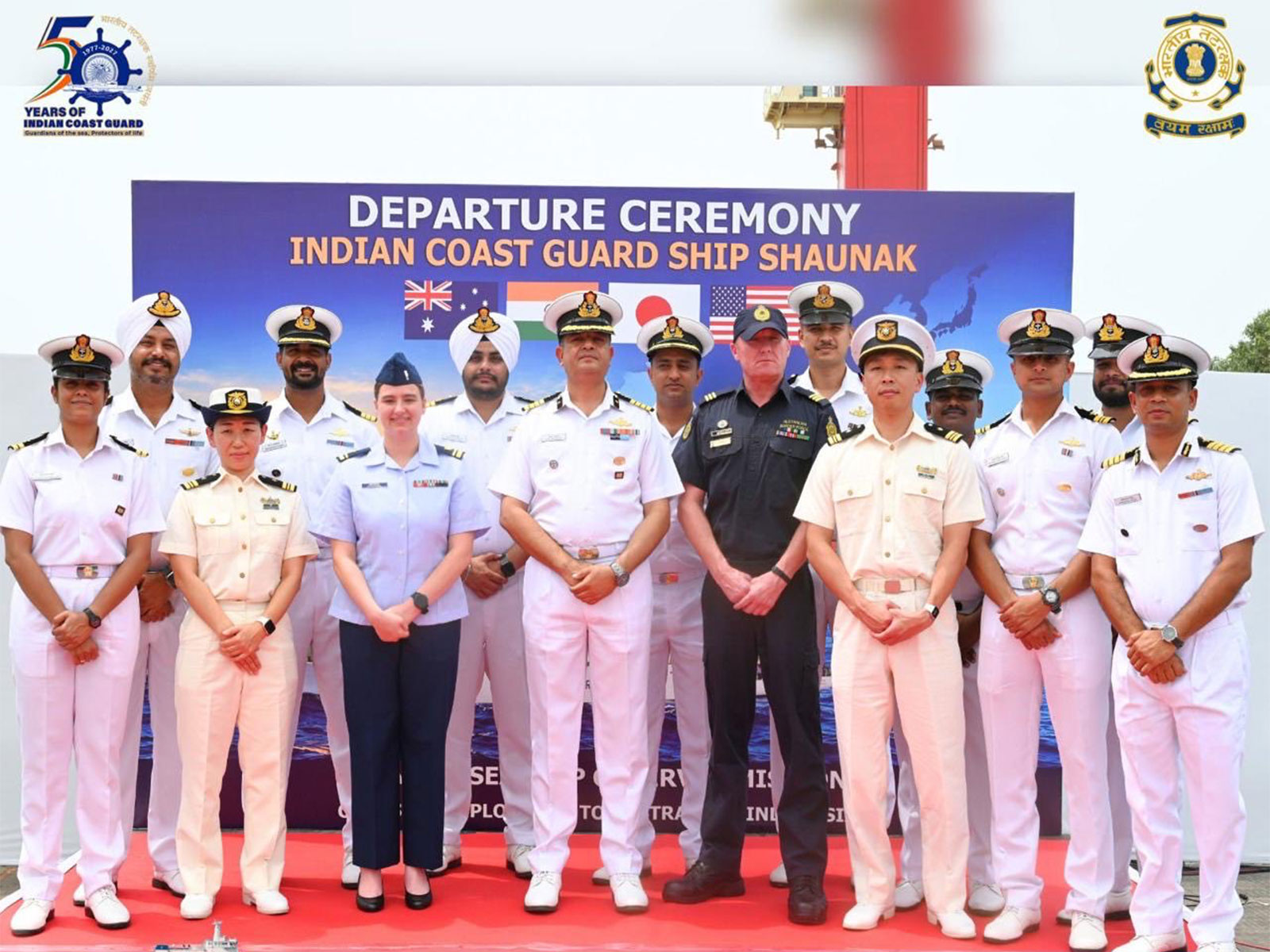 Naval officers and sea riders from QUAD nations at departure ceremony of Indian Coast Guard ship Shaunak (Photo/MEA) Naval officers and sea riders from QUAD nations at departure ceremony of Indian Coast Guard ship Shaunak (Photo/MEA)