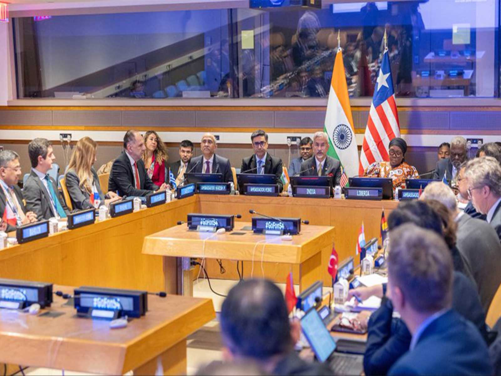 External Affairs Minister S Jaishankar and Liberian Foreign Minister Sara Beysolow Nyanti attend the launch of the Group of Friends on Safety and Security of Shipping and Seafarers at the United Nations in New York. (Photo: X/@DrSJaishankar) External Affairs Minister S Jaishankar and Liberian Foreign Minister Sara Beysolow Nyanti attend the launch of the Group of Friends on Safety and Security of Shipping and Seafarers at the United Nations in New York. (Photo: X/@DrSJaishankar)