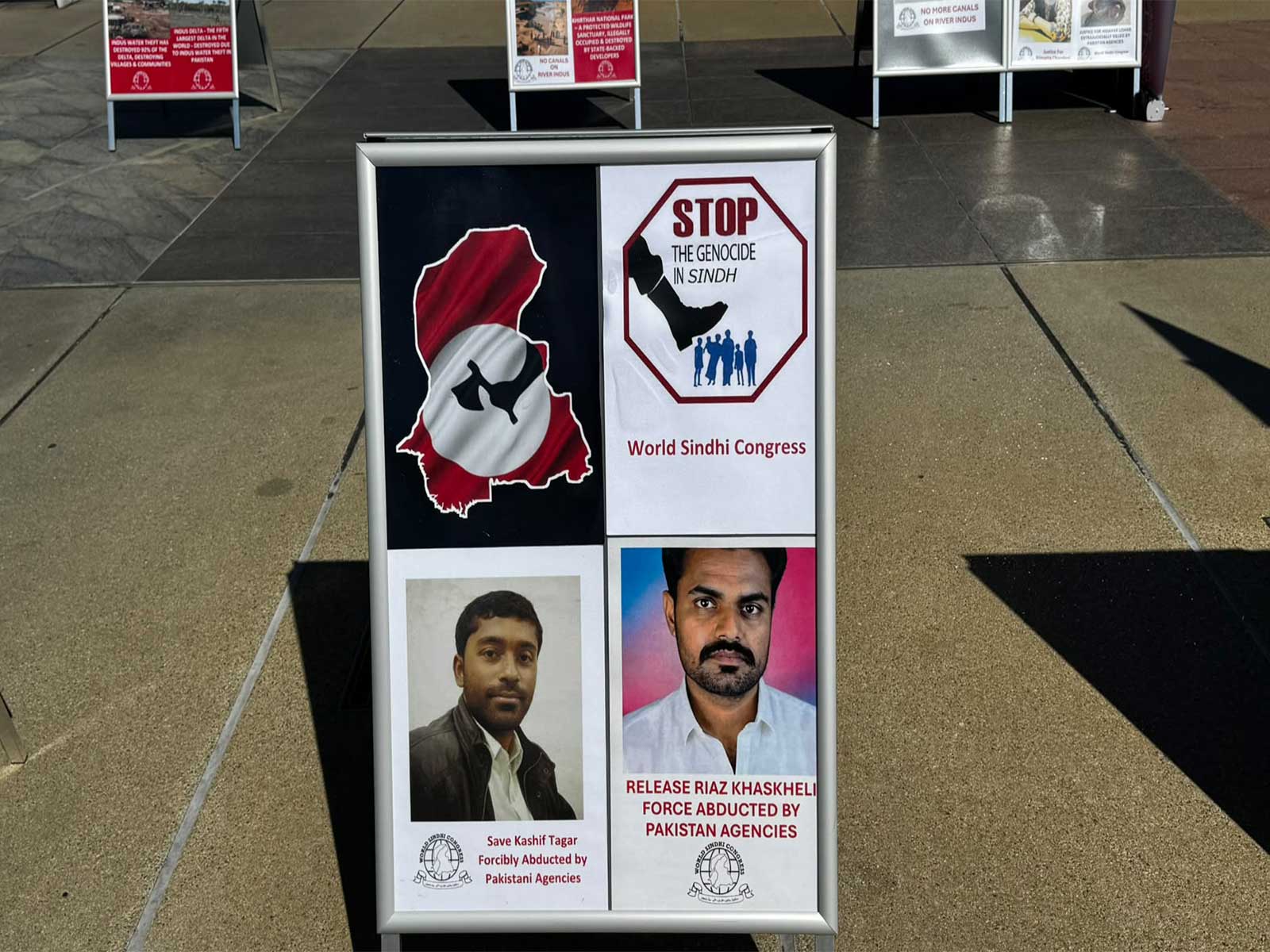 Posters displayed during the World Sindhi Congress exhibition in Geneva highlight human rights violations, including cases of enforced disappearances. (Image Source: World Sindhi Congress) Posters displayed during the World Sindhi Congress exhibition in Geneva highlight human rights violations, including cases of enforced disappearances. (Image Source: World Sindhi Congress)