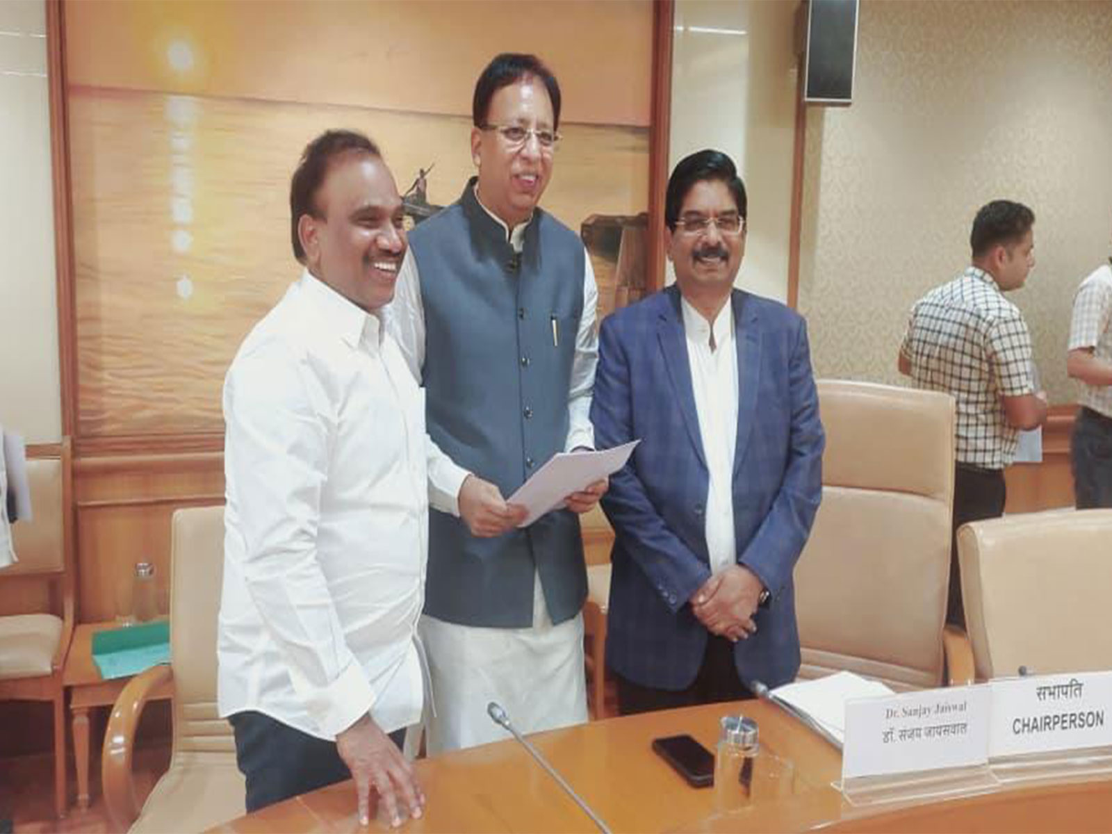 DMK MPs A Raja and P Wilson with Sanjay Jaiswal, Chairman, JPC on FCRA Amendment Bill. (Photo: P Wilson office)