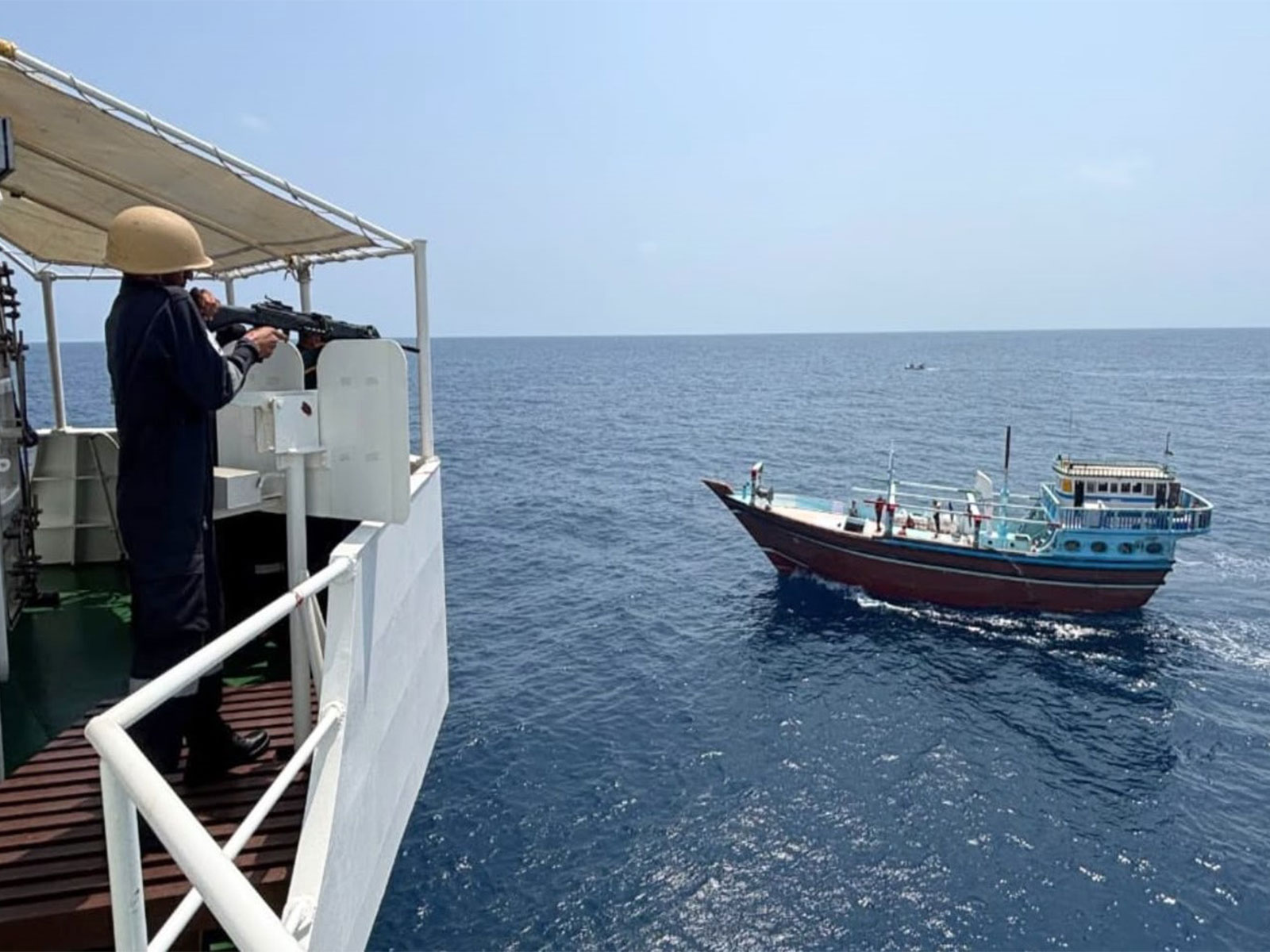 The Indian Coast Guard intercepts an Iranian dhow carrying approximately 526 kg of heroin and methamphetamine worth over Rs 3,000 crore in the Arabian Sea west of Lakshadweep. (Photo: Indian Coast Guard)
