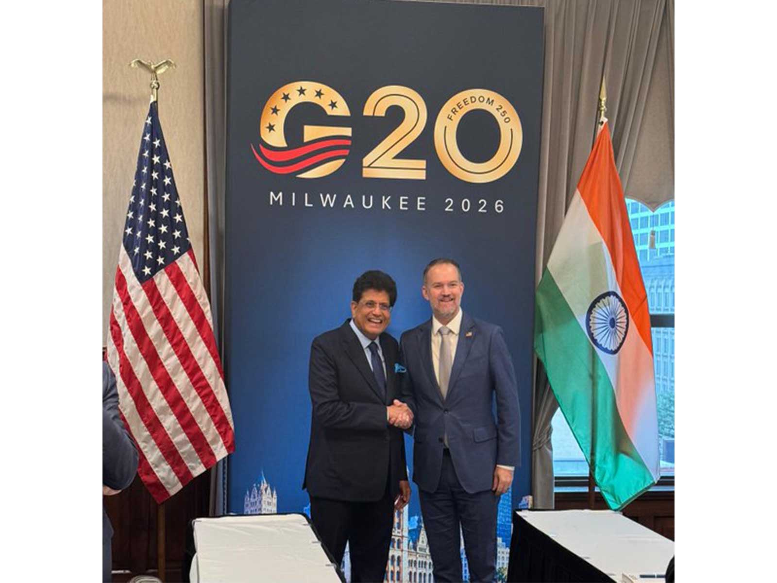 Union Commerce and Industry Minister Piyush Goyal with US Trade Representative Jamieson Greer on the sidelines of the G20 Trade Ministerial in Milwaukee, US. (Photo: X/@PiyushGoyal)