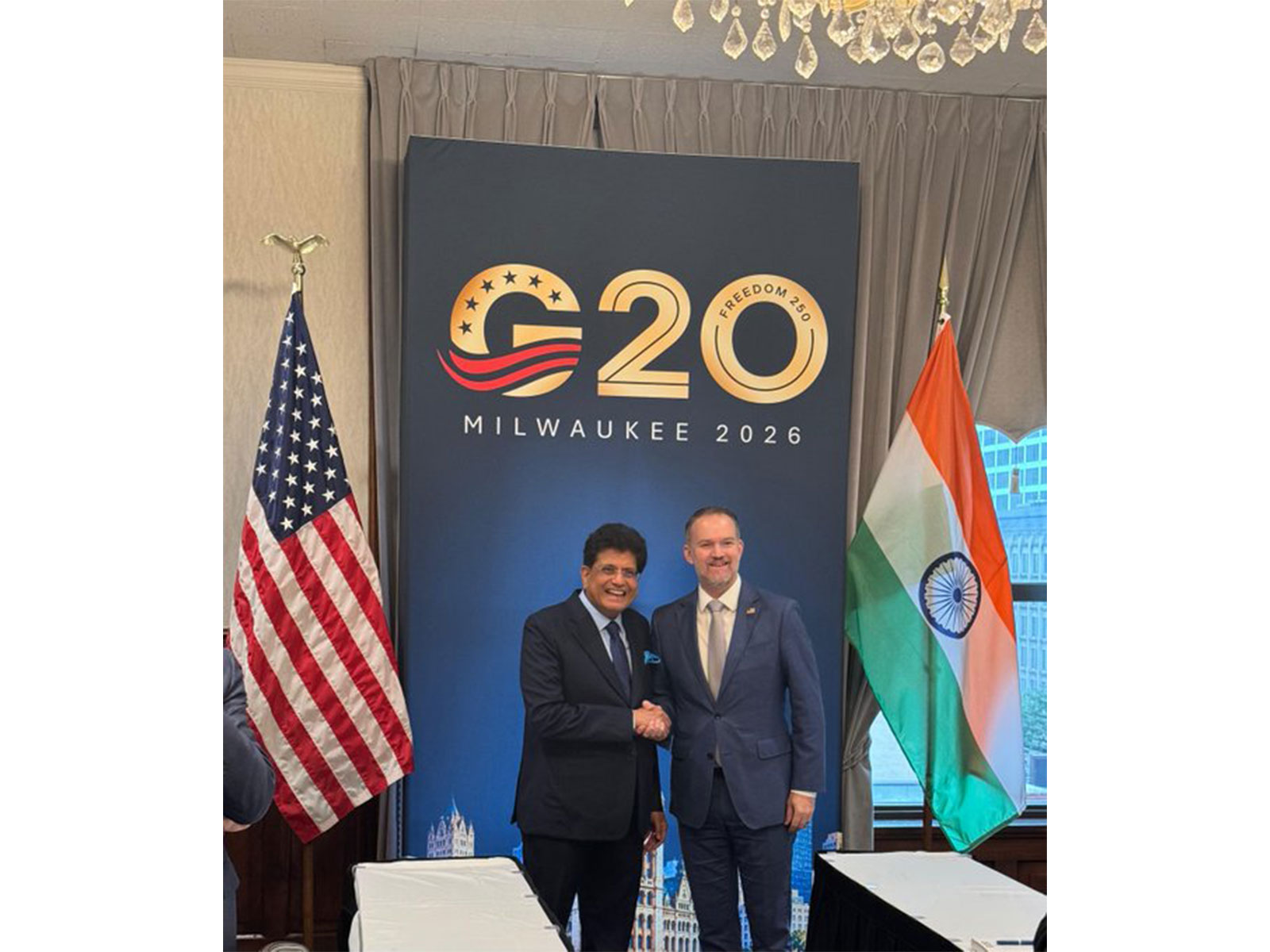 Union Commerce and Industry Minister Piyush Goyal with US Trade Representative Jamieson Greer on the sidelines of the G20 Trade Ministerial in Milwaukee. (Photo: X/@PiyushGoyal)