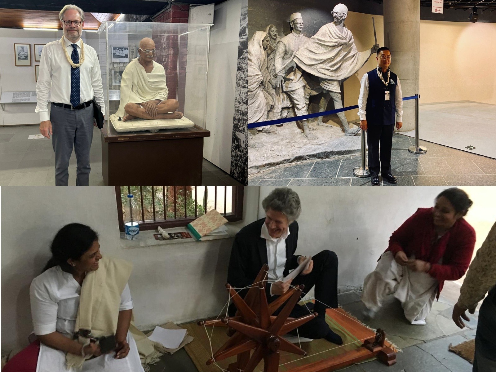 Danish Ambassador to India Rasmus Abildgaard Kristensen, Singapore High Commissioner Simon Wong and German envoy Jasper Wieck mark Gandhi Jayanti (Photos/X/@DenmarkinIndia, @SGinIndia, @GermanAmbIndia)