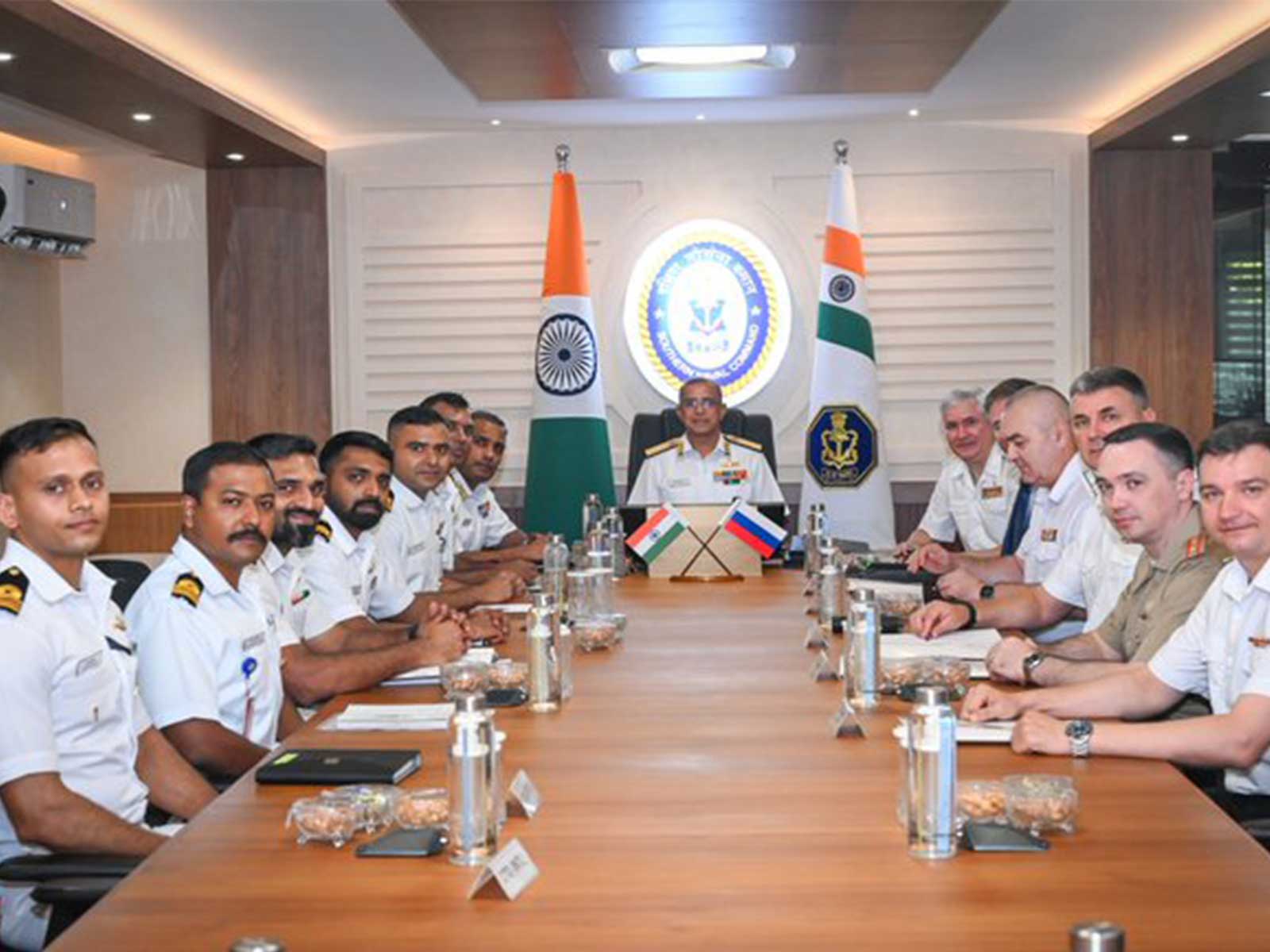 A six-member Russian Navy delegation, led by Captain 1st Rank Sergei V Saitov, during their interaction with officials at the Southern Naval Command. (Photo: X/@IndiannavyMedia)