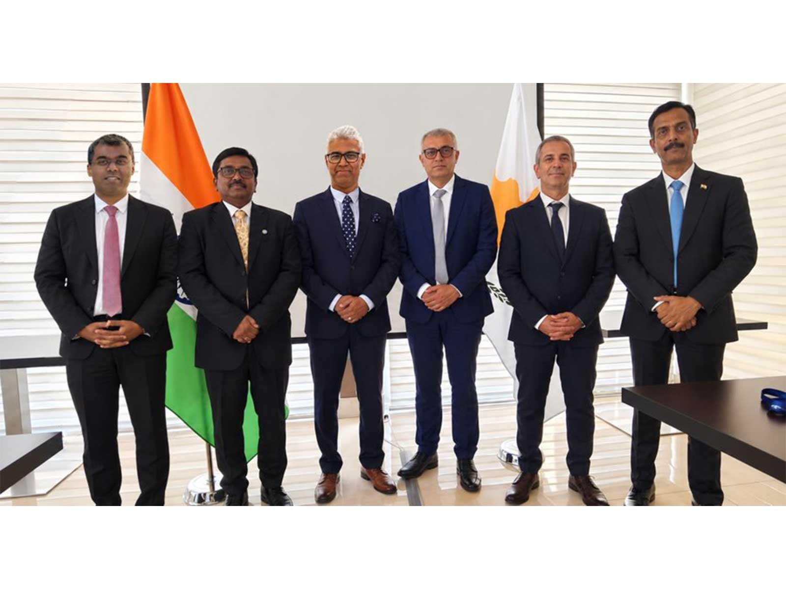Delegations from India and Cyprus pose for a group photo during the inaugural meeting of the India–Cyprus Joint Maritime Committee (JMC) held in Limassol. (Photo: X/@IndiainCyprus)