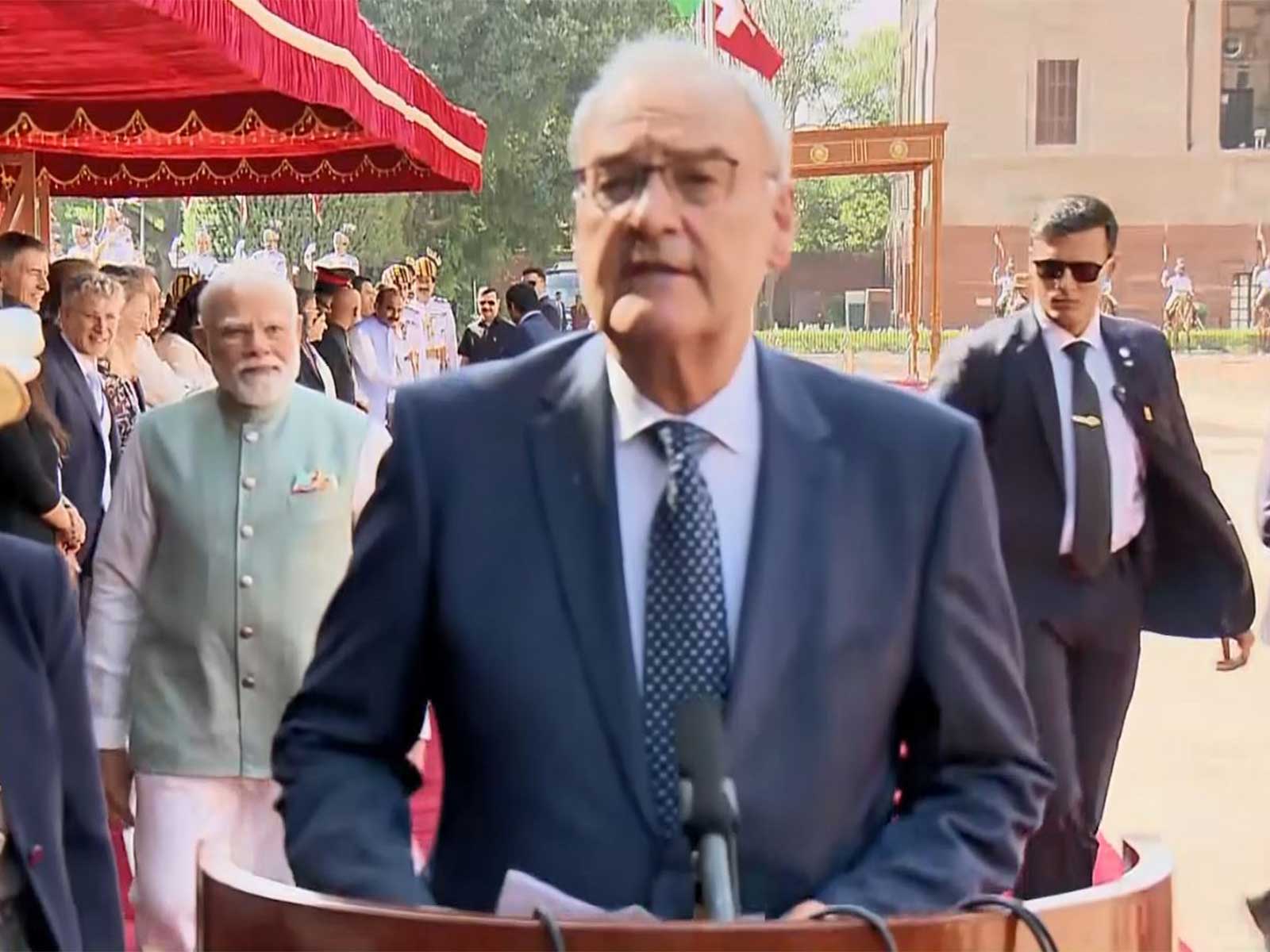 Swiss Confederation President Guy Parmelin addressing the media after his ceremonial reception at the forecourt of Rashtrapati Bhavan in New Delhi. (Photo/ANI) Swiss Confederation President Guy Parmelin addressing the media after his ceremonial reception at the forecourt of Rashtrapati Bhavan in New Delhi. (Photo/ANI)