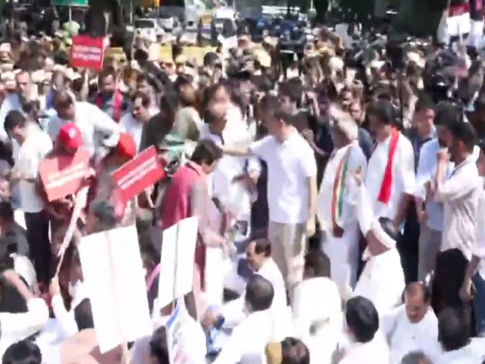 INDIA bloc MPs sit in protest near NITI Aayog office (Photo/ANI)