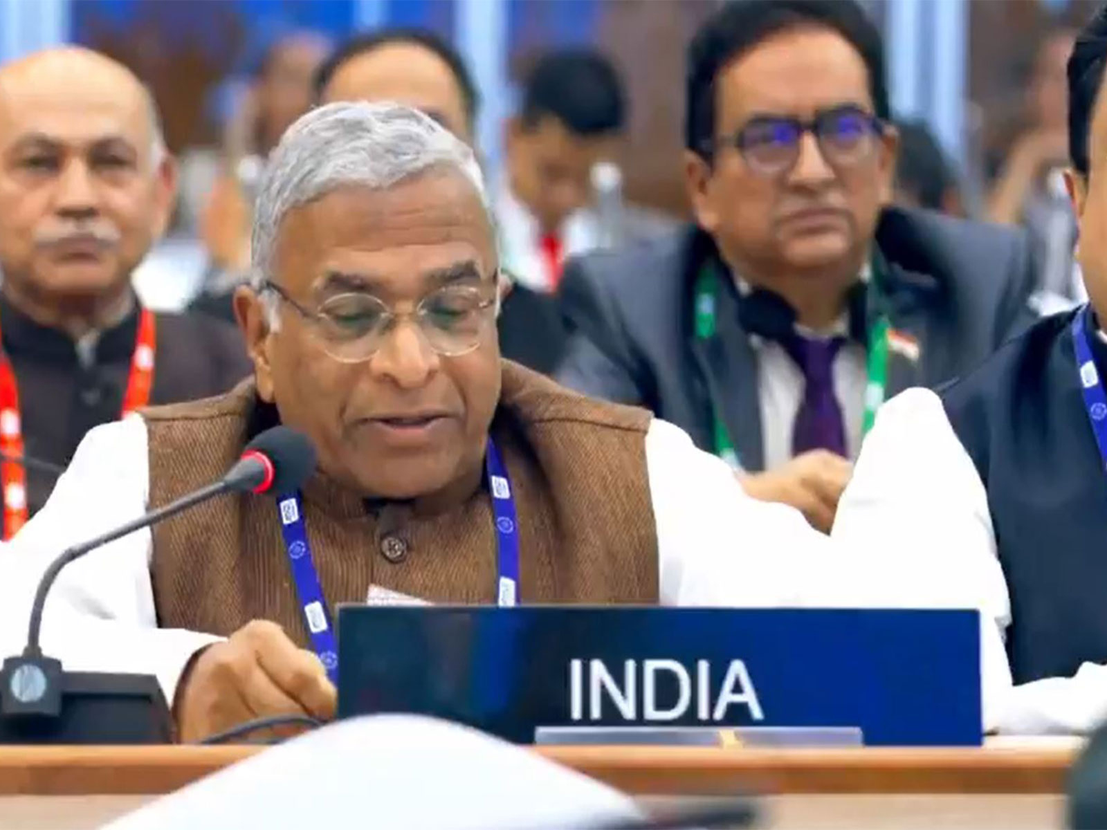 Rajya Sabha Deputy Chairman Harivansh addressing the 153rd Assembly of the Inter-Parliamentary Union (IPU) in Arusha, Tanzania, where he delivered a sharp diplomatic rebuke to Pakistan over its unwarranted references to Jammu and Kashmir. (Image Source: Rajya Sabha Secretariat)