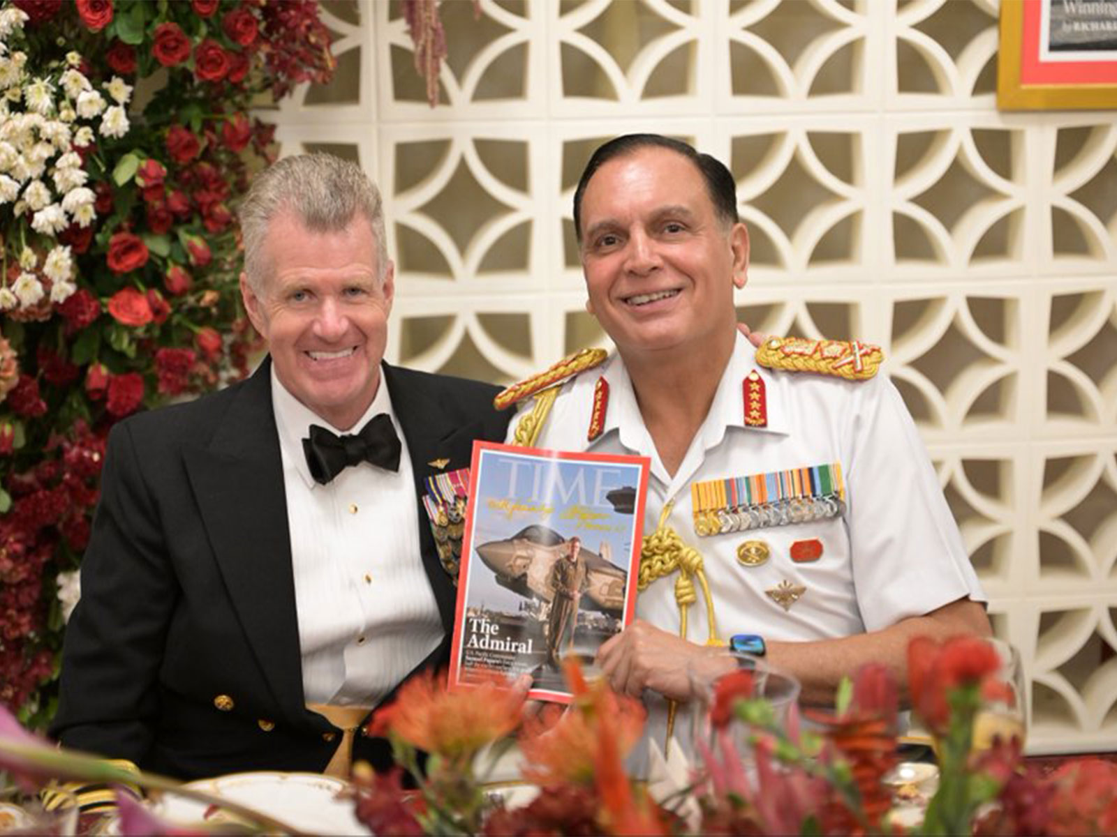 USPACOM Commander Admiral Samuel Paparo and Chief of Defence Staff General N. S. Raja Subramani holding a copy of TIME magazine featuring Admiral Paparo on the cover. (Photo: X/@USAndIndia)