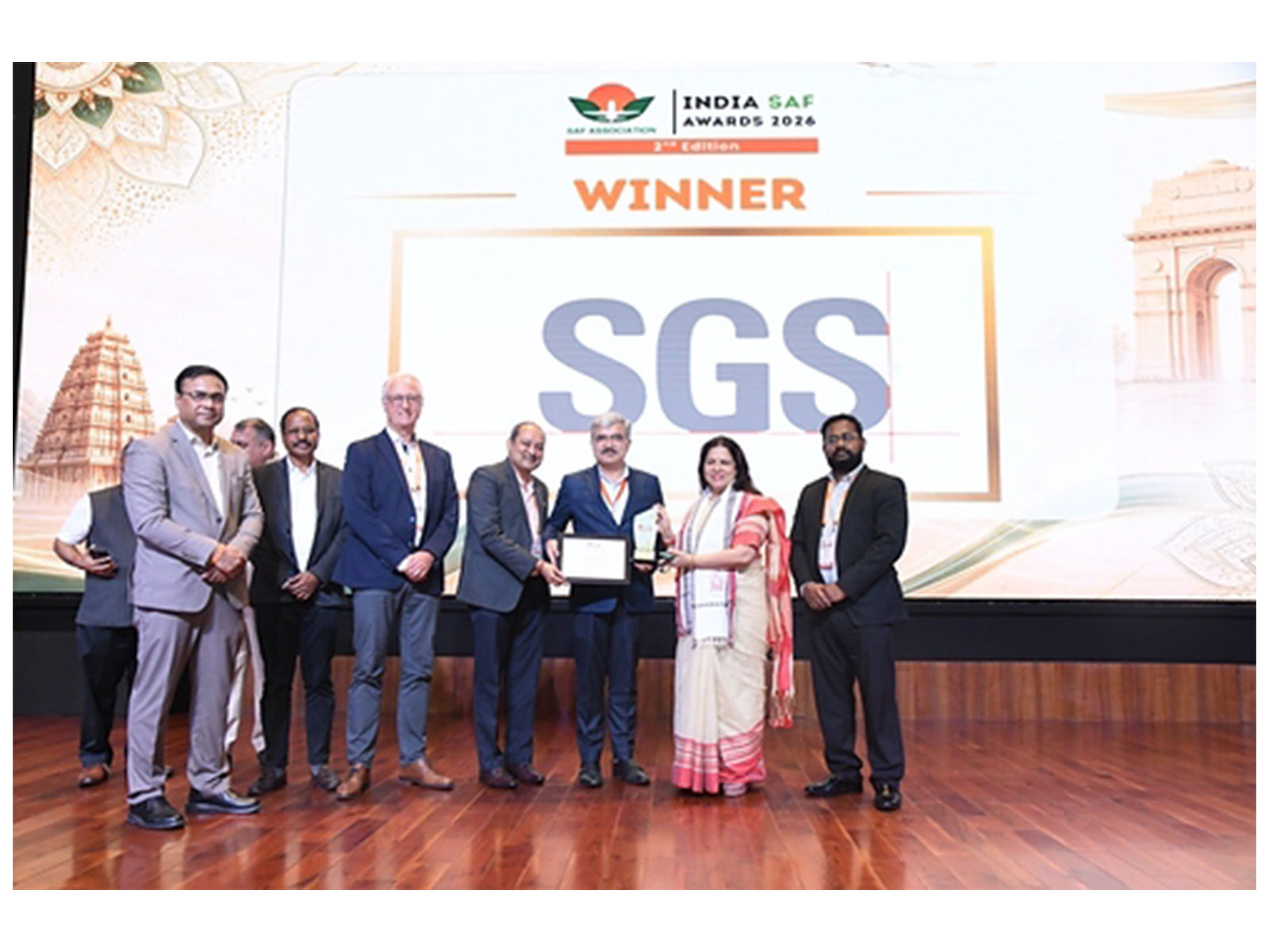 Mr. Amit Thakkar, Mr. Arjan Praat and Mr. Mehar Kuchimanchi receiving the SAF Supply Chain Excellence Award for SGS