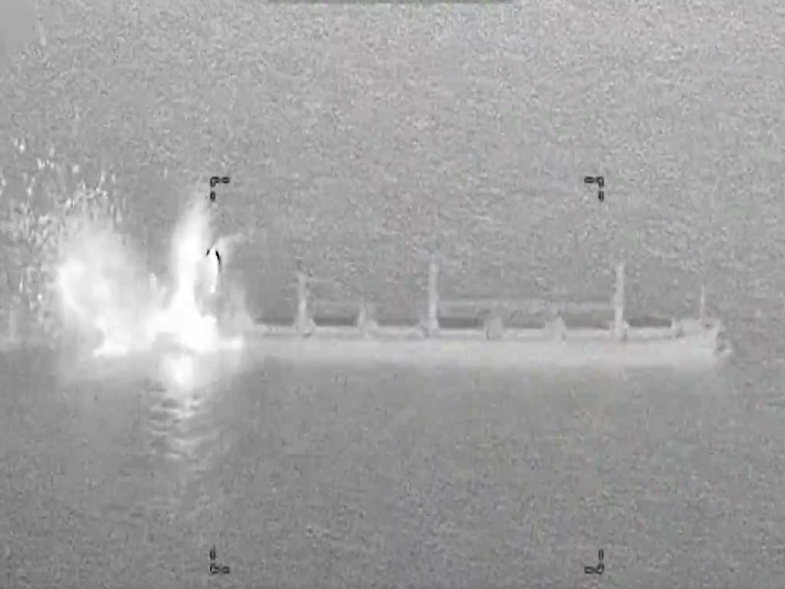 Smoke and fire rise from a commercial cargo vessel following a strike, which US Central Command says it had disabled in the Gulf of Oman after the ship's crew ignored warnings and attempted to run a naval blockade against Iran, at a location given as the Gulf of Oman. (Photo: X/@CENTCOM)